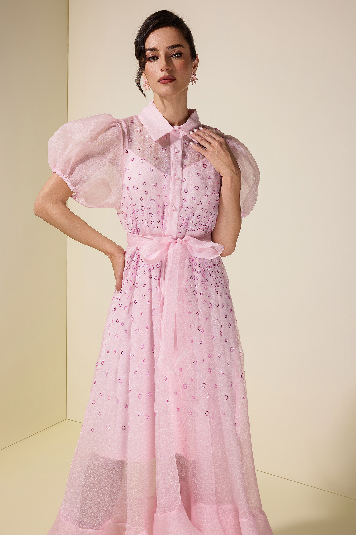 Seersucker Rhinestone Puff Sleeve Maxi Dress With Belt