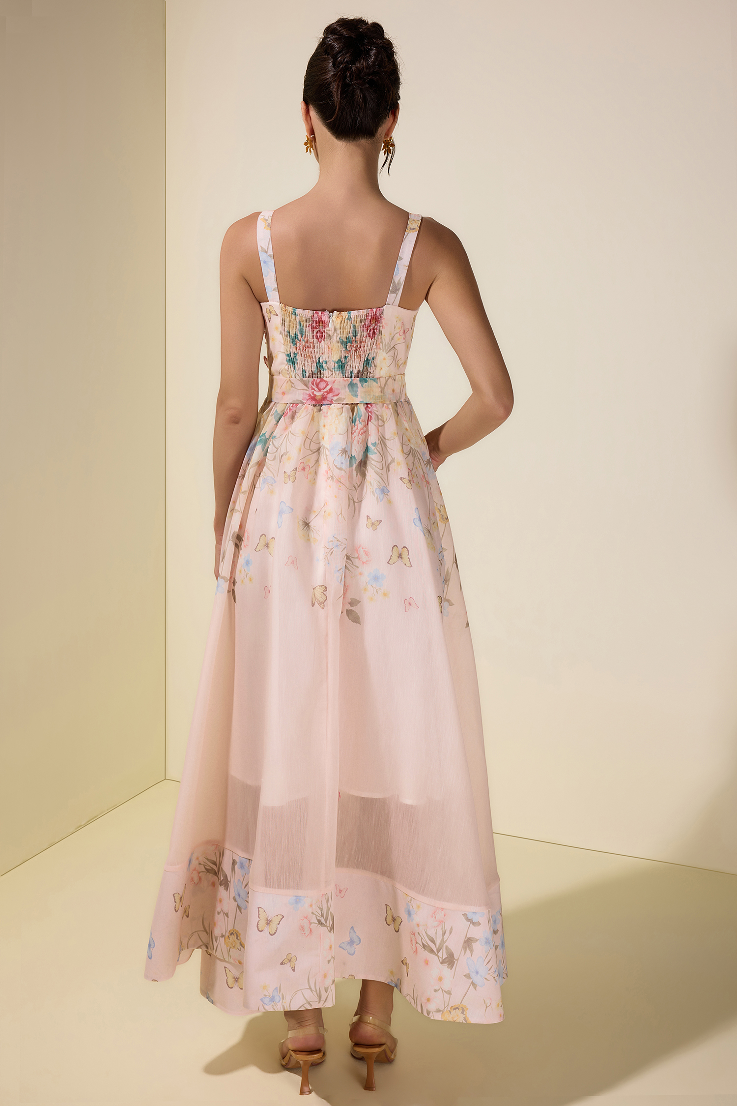 Floral Smocking Square Collar Midi Dress With Belt