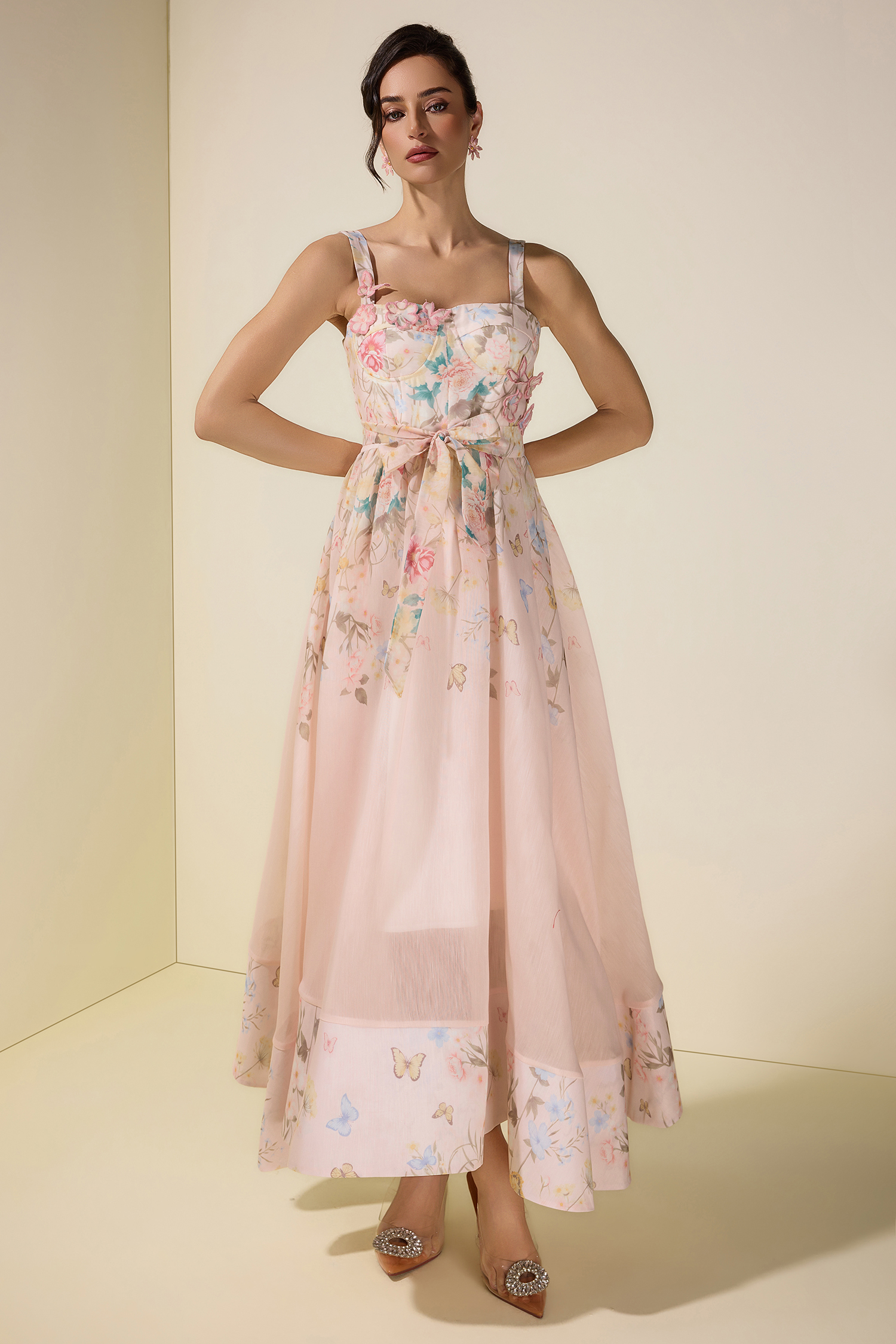 Floral Smocking Square Collar Midi Dress With Belt
