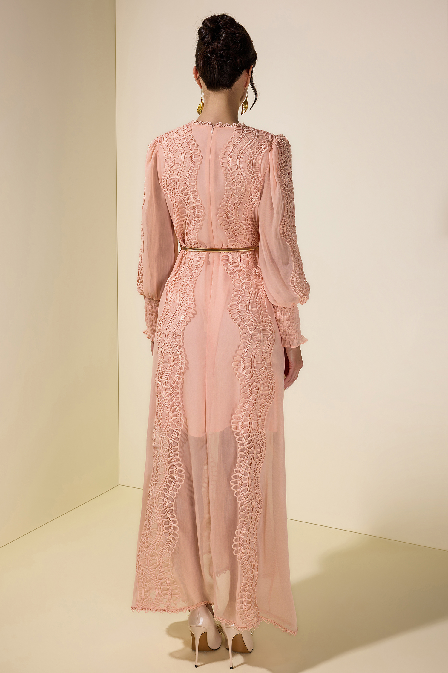 Chiffon Lace Midi Dress With Metal Belt