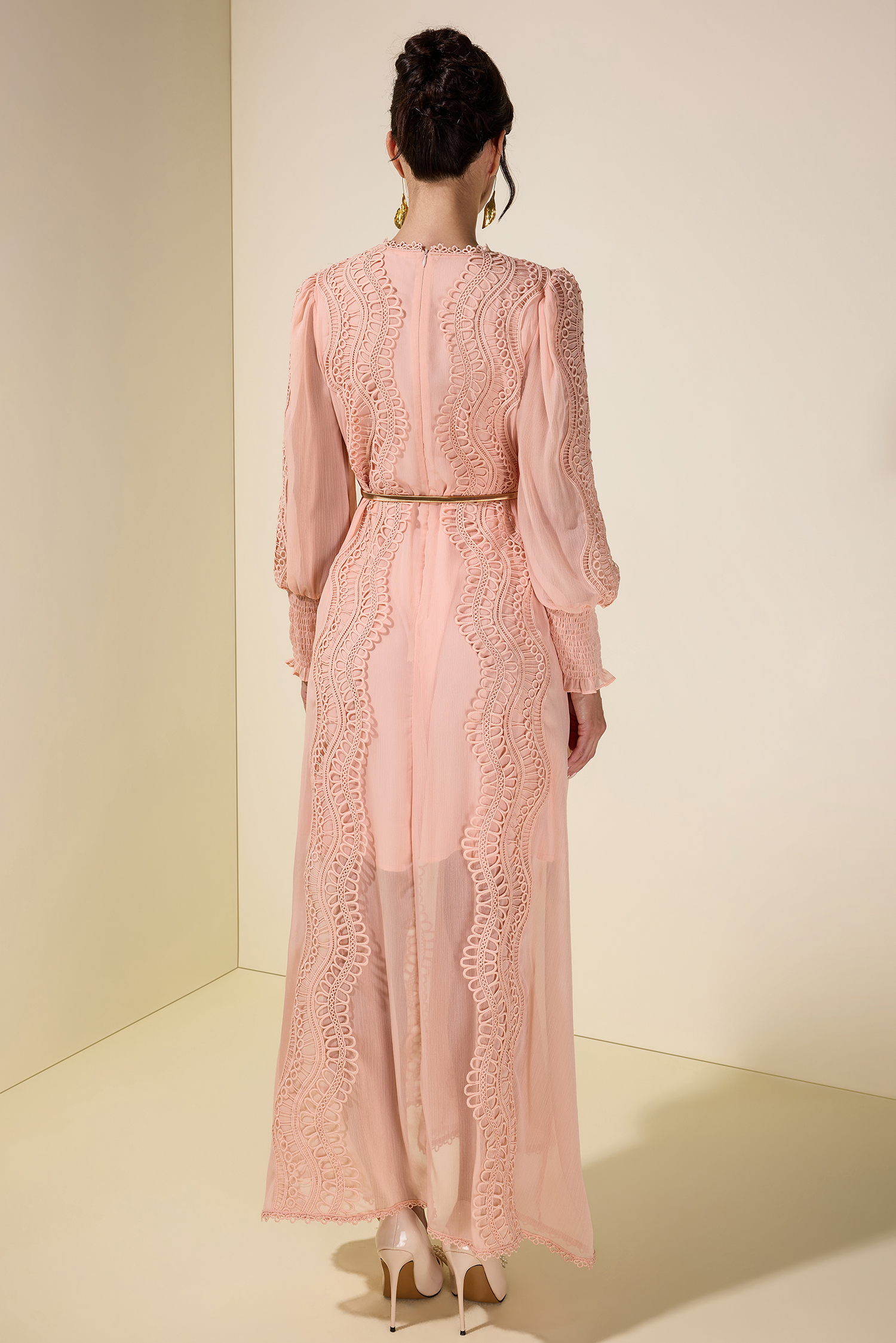 Chiffon Lace Midi Dress With Metal Belt