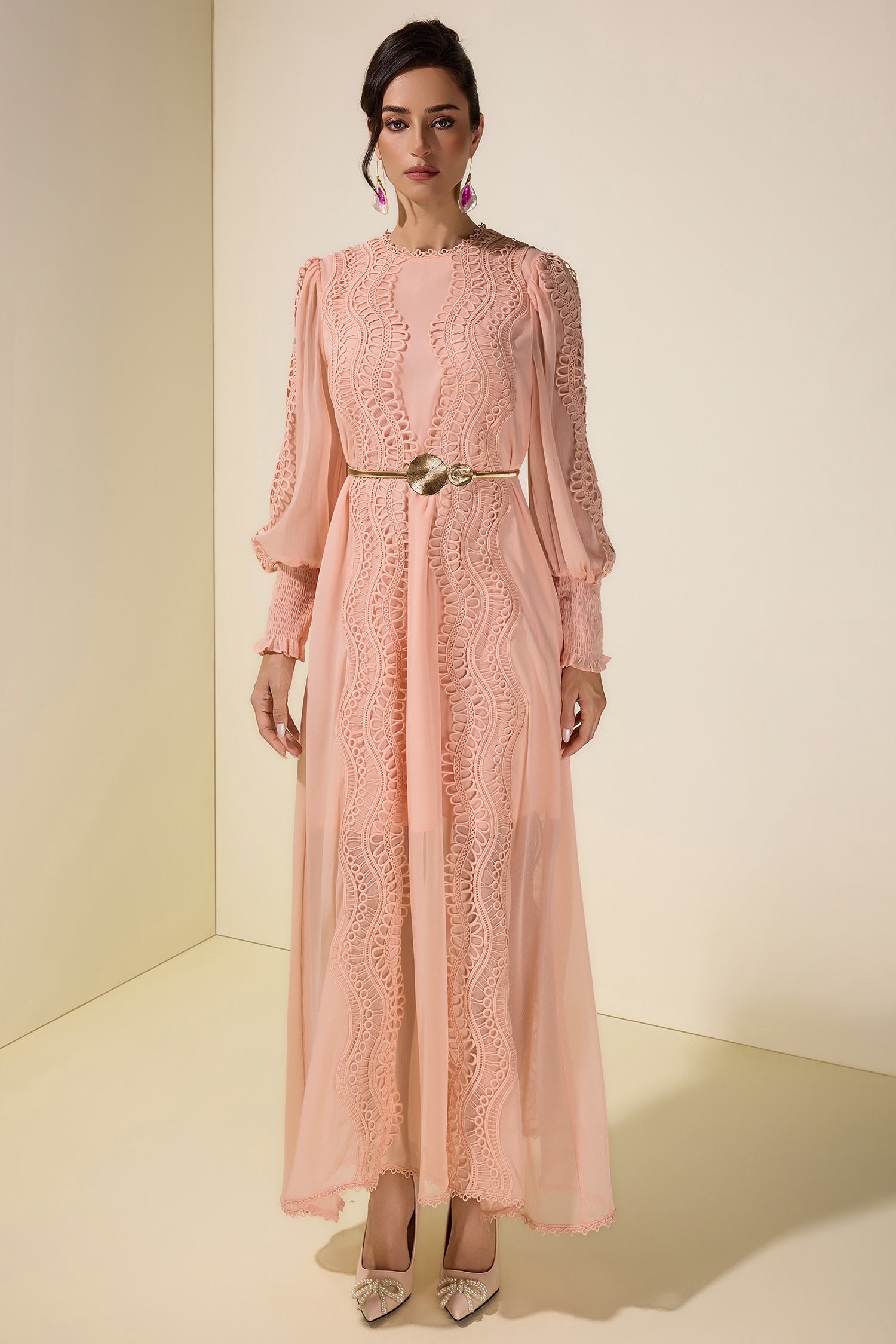 Chiffon Lace Midi Dress With Metal Belt