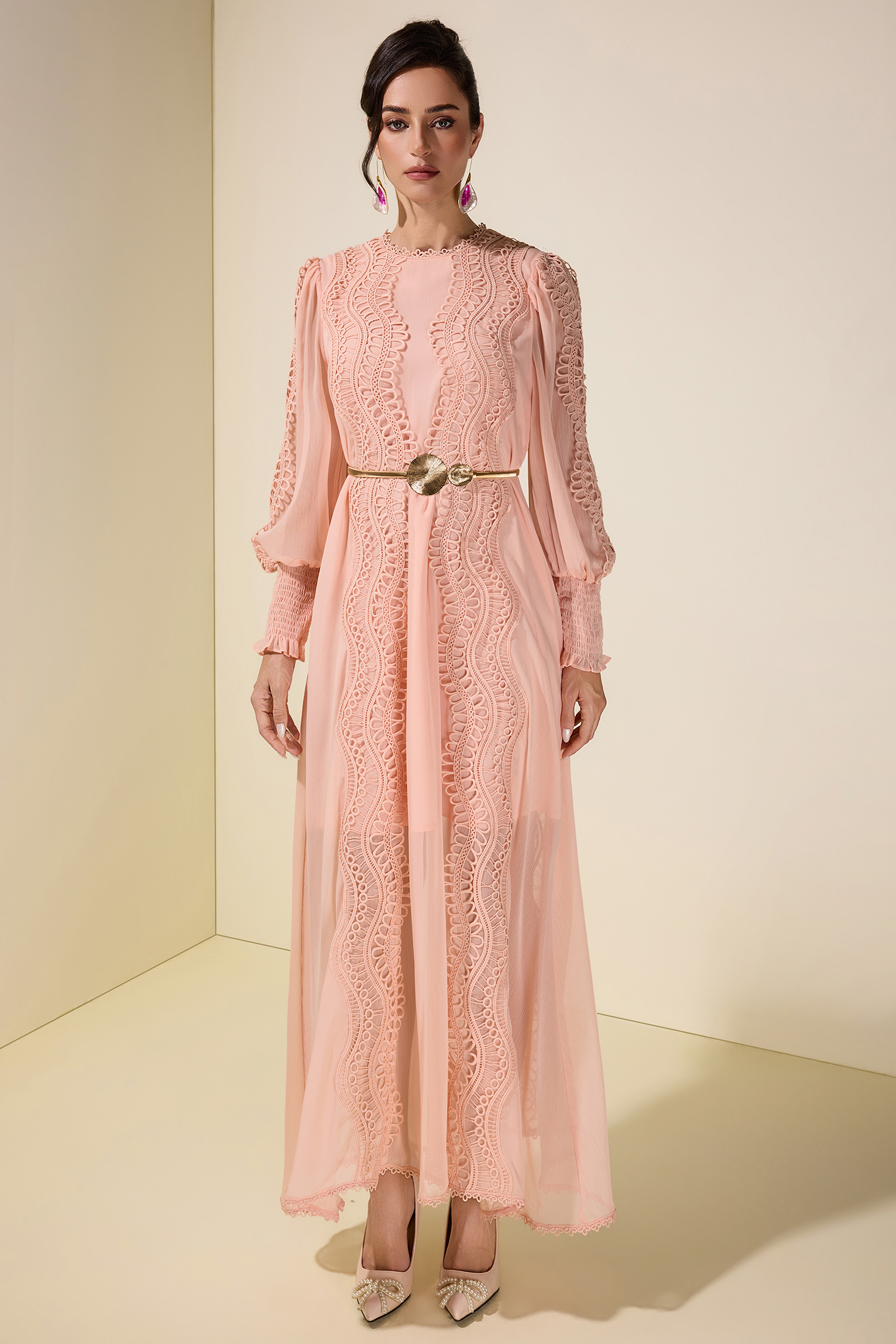 Chiffon Lace Midi Dress With Metal Belt