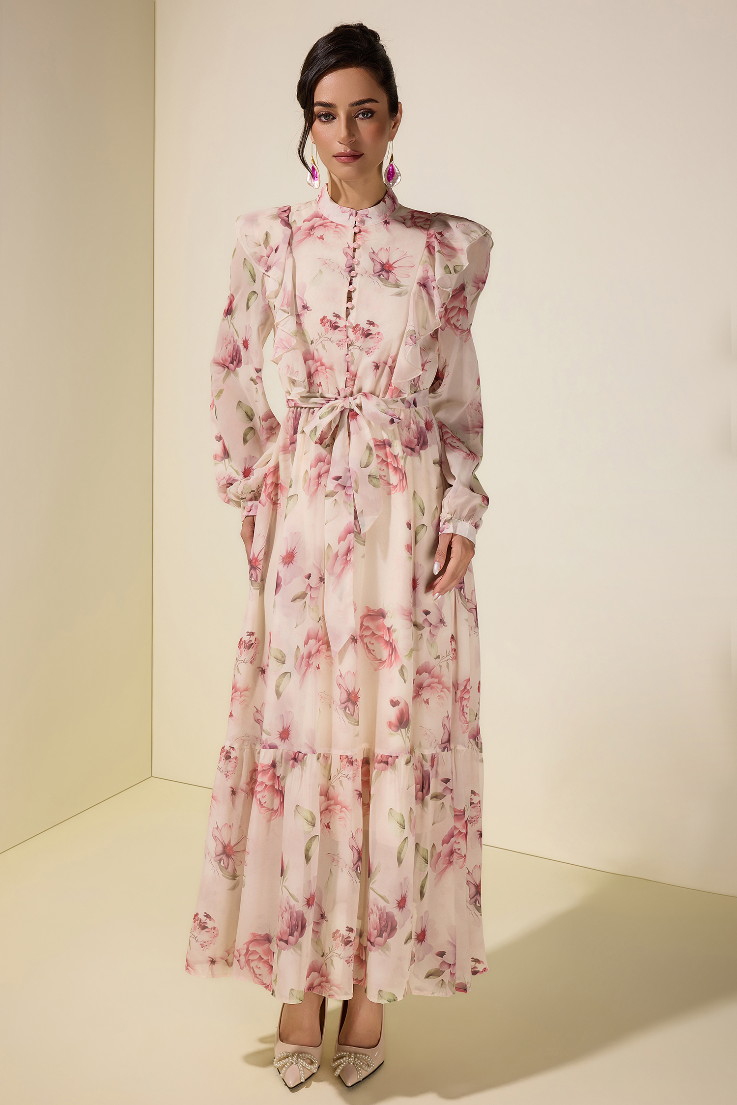 Floral Ruffle Maxi Dress With Belt