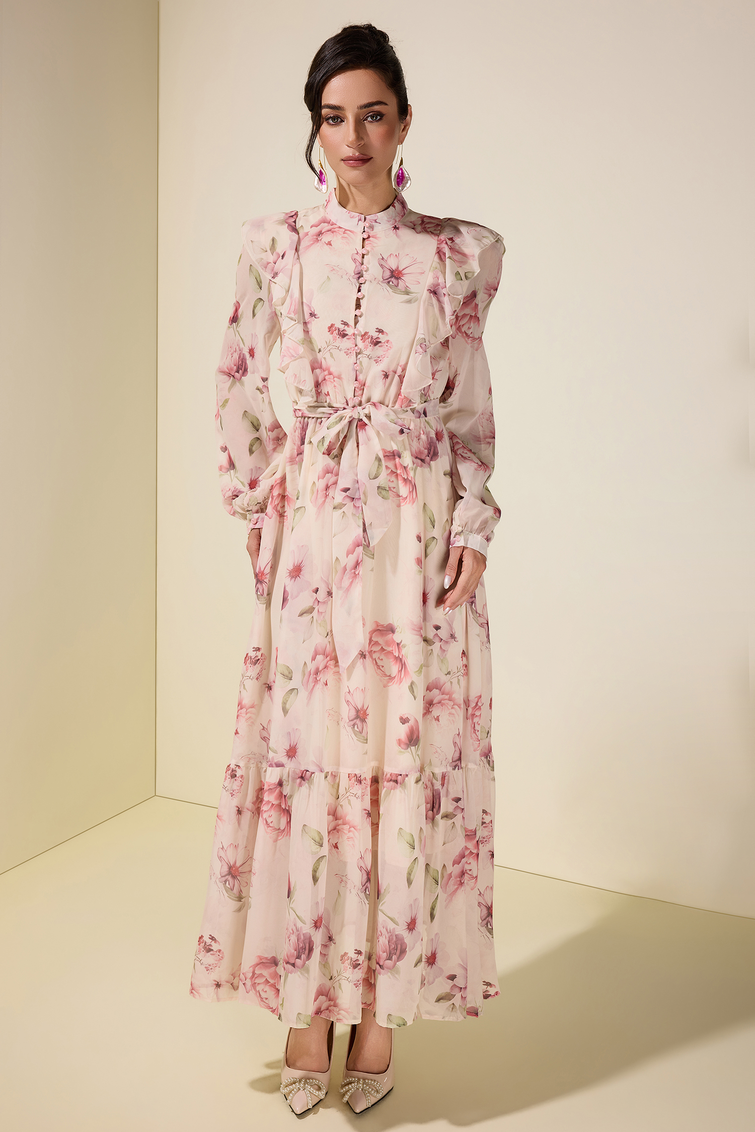 Floral Ruffle Maxi Dress With Belt