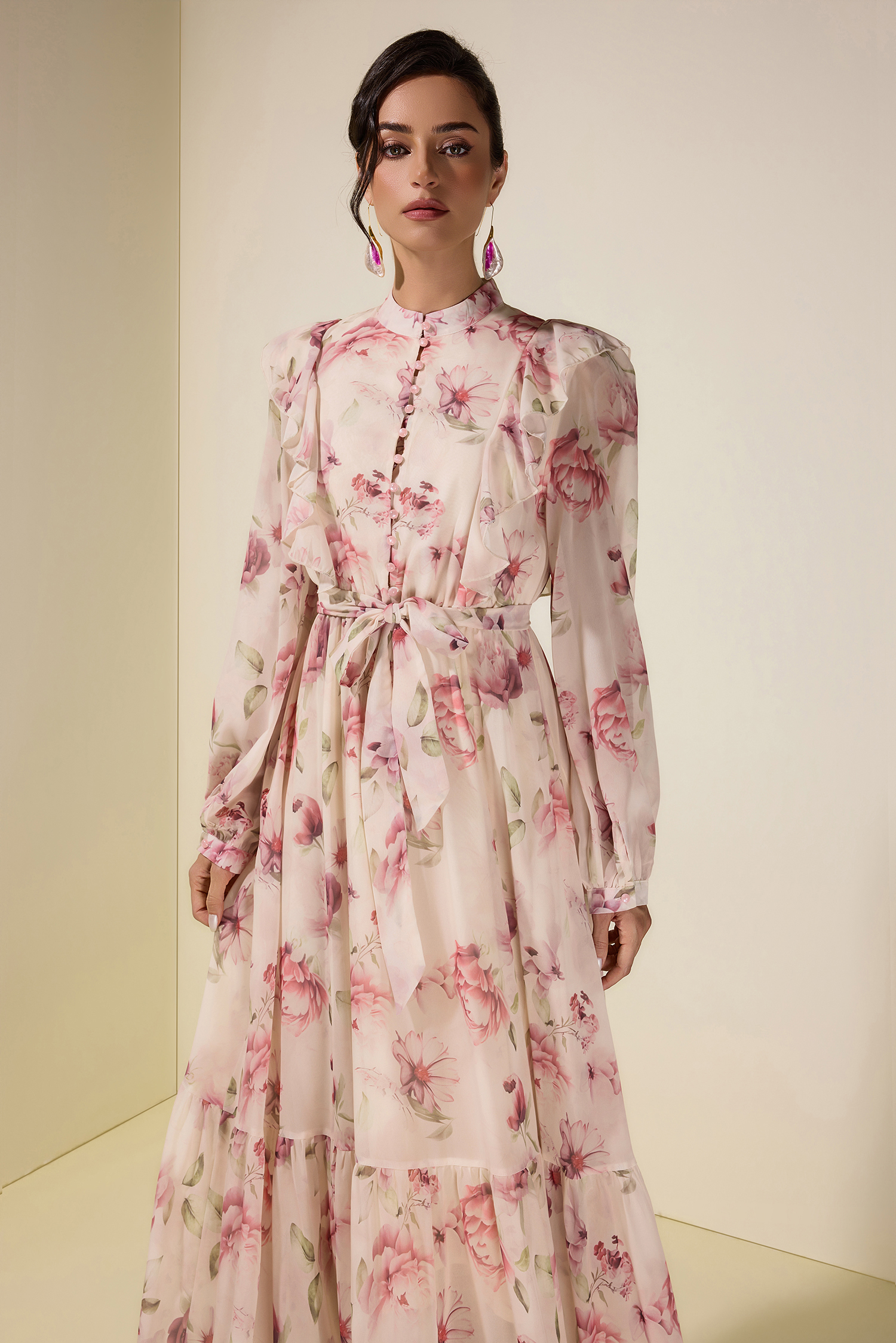 Floral Ruffle Maxi Dress With Belt