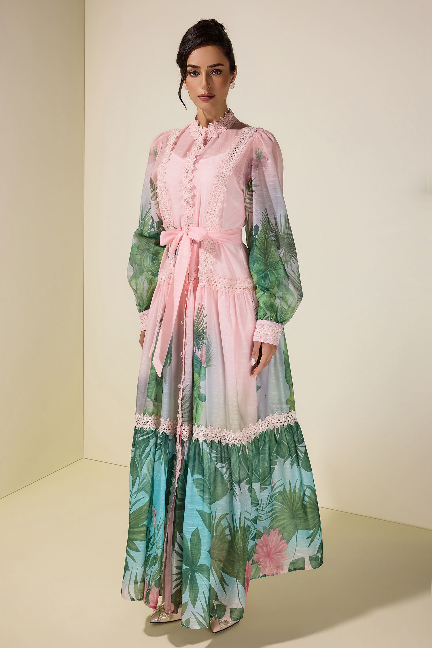 Botanical Print Single Breasted Maxi Dress With Belt