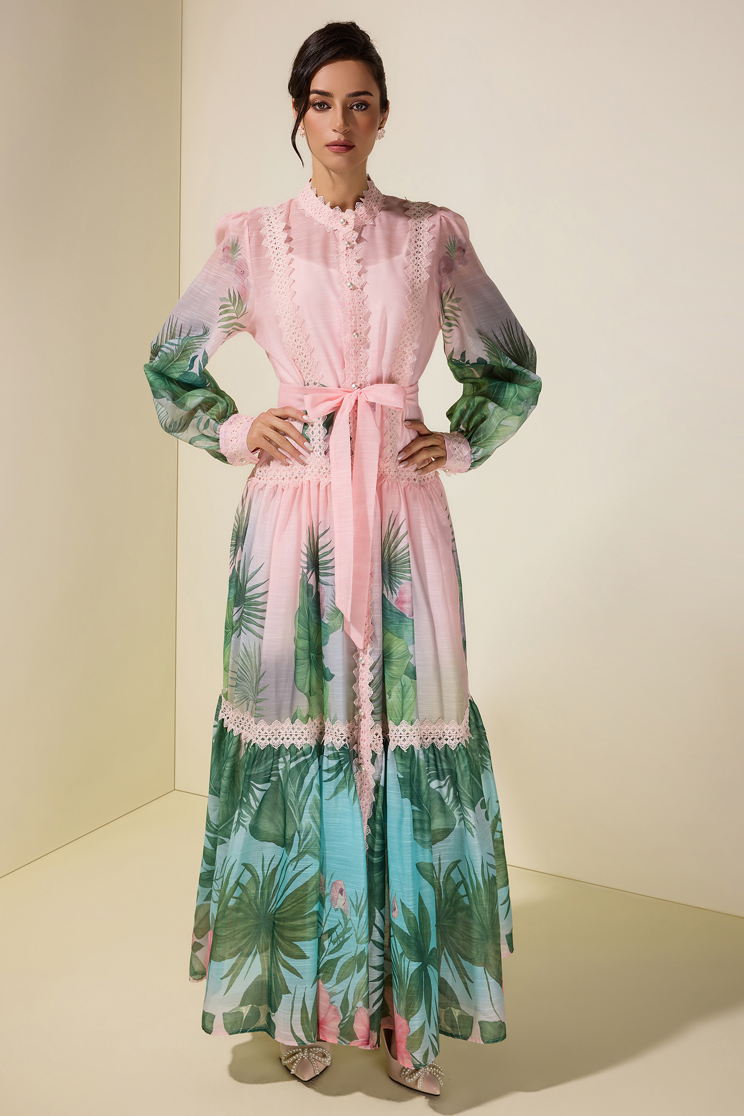 Botanical Print Single Breasted Maxi Dress With Belt