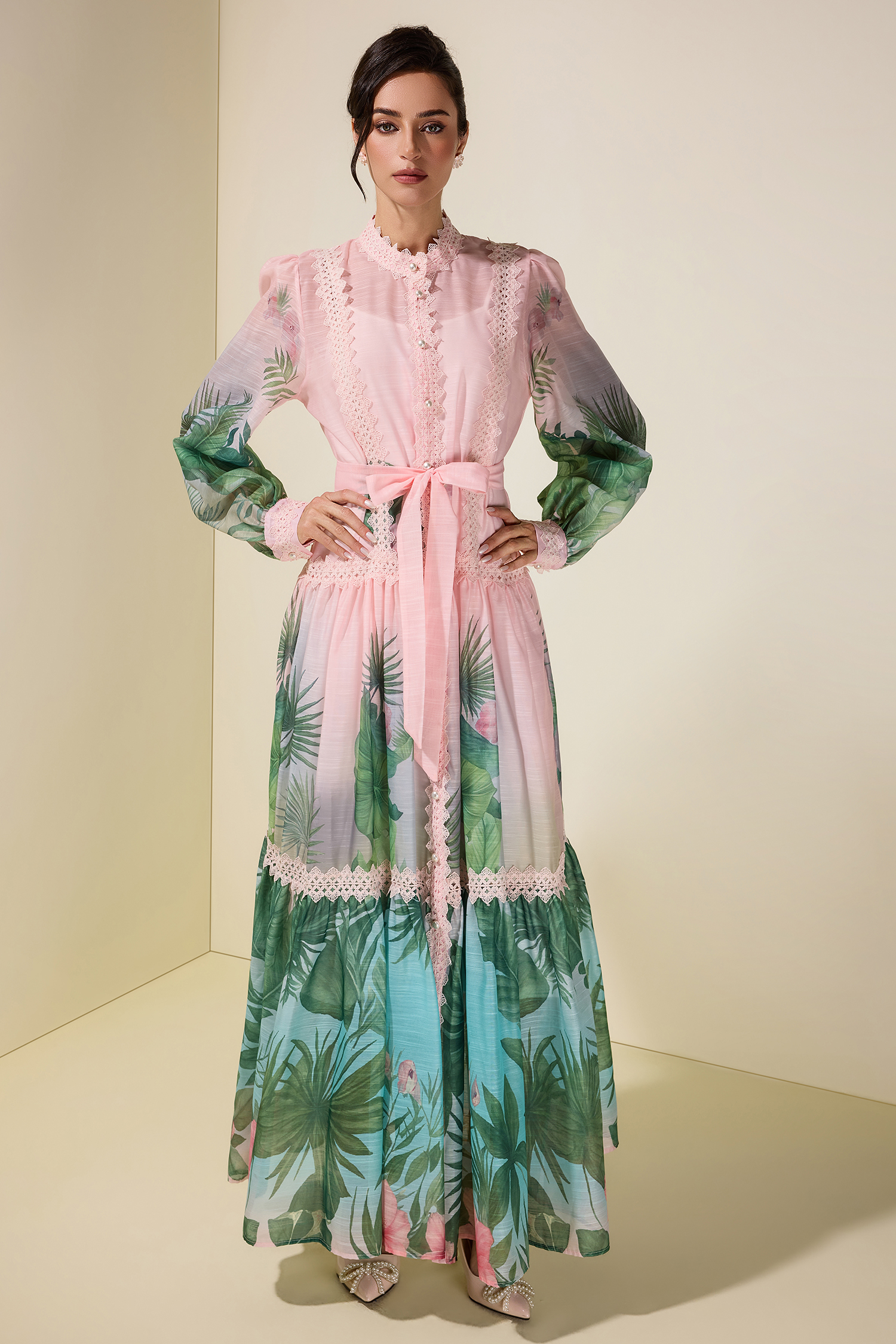 Botanical Print Single Breasted Maxi Dress With Belt