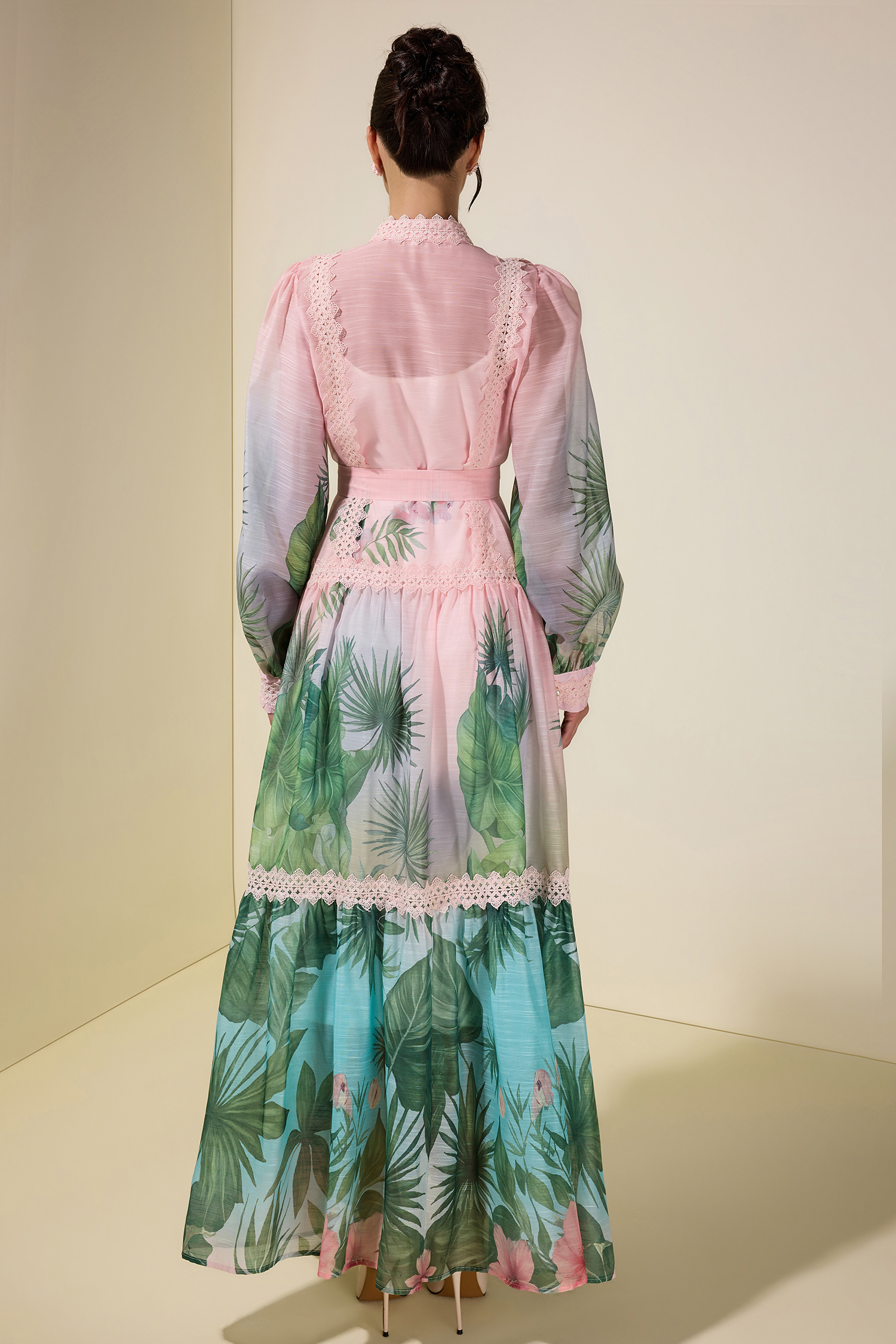 Botanical Print Single Breasted Maxi Dress With Belt