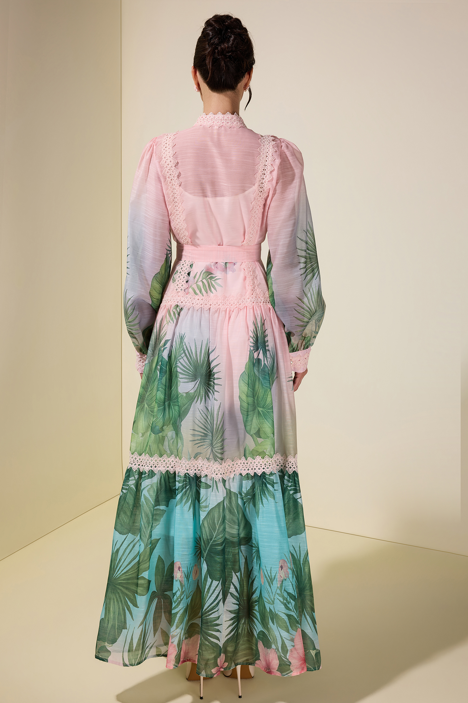 Botanical Print Single Breasted Maxi Dress With Belt