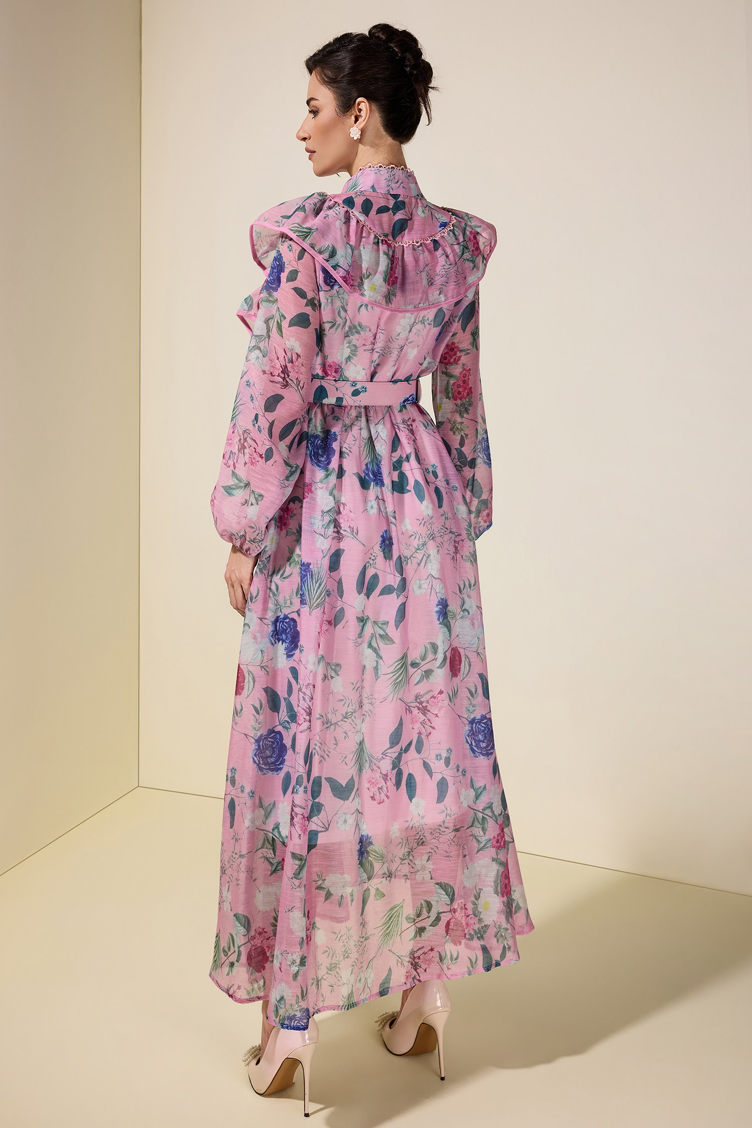 Floral Frill Midi Dress With Belt