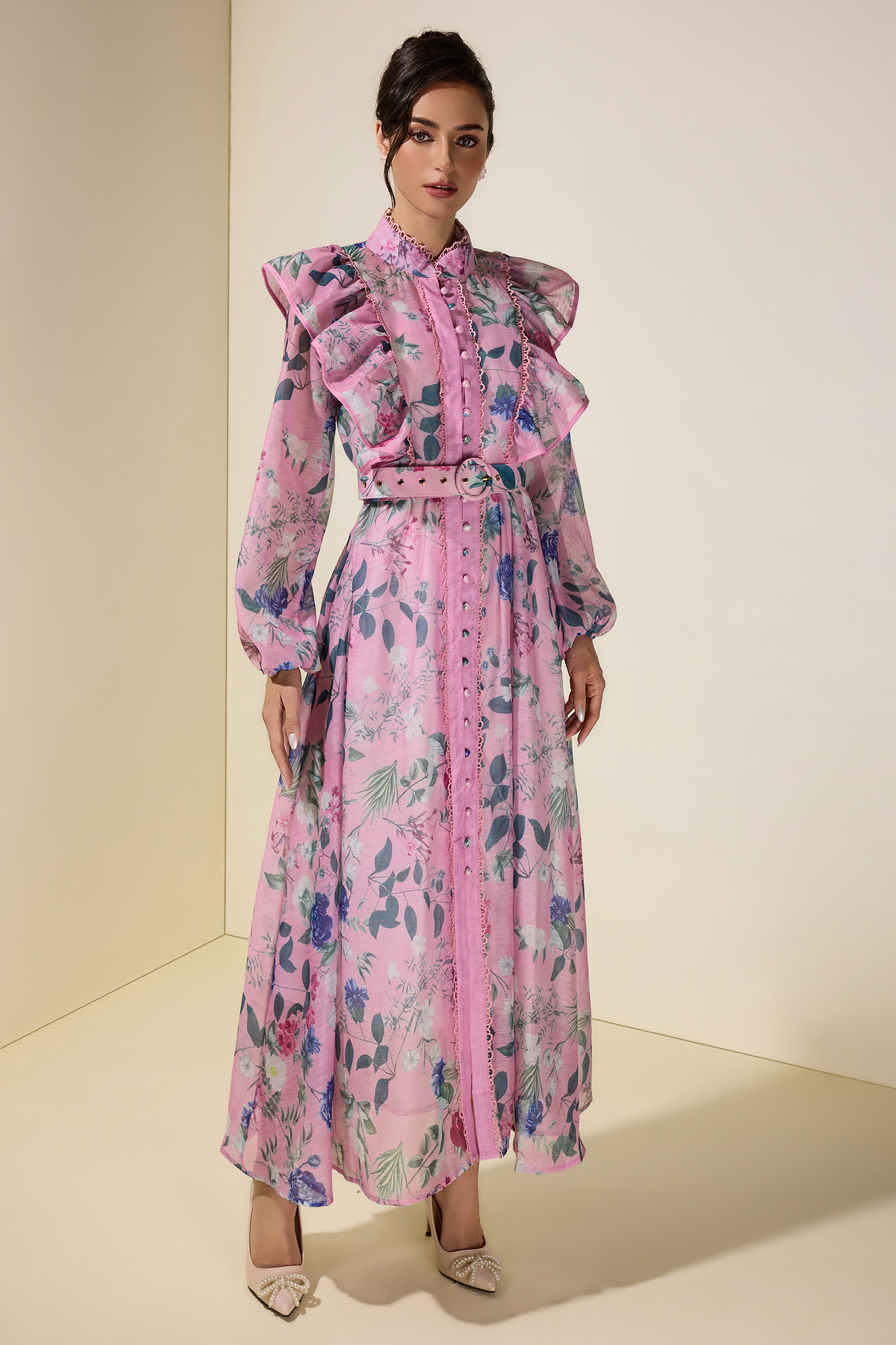 Floral Frill Midi Dress With Belt