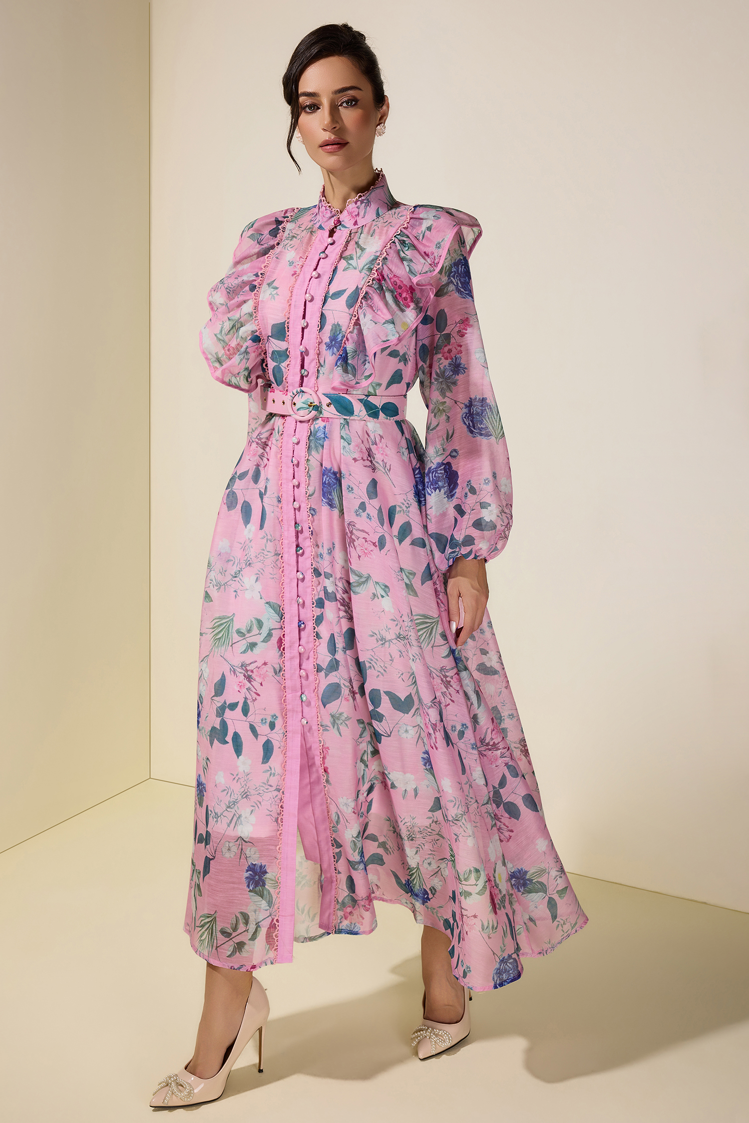 Floral Frill Midi Dress With Belt