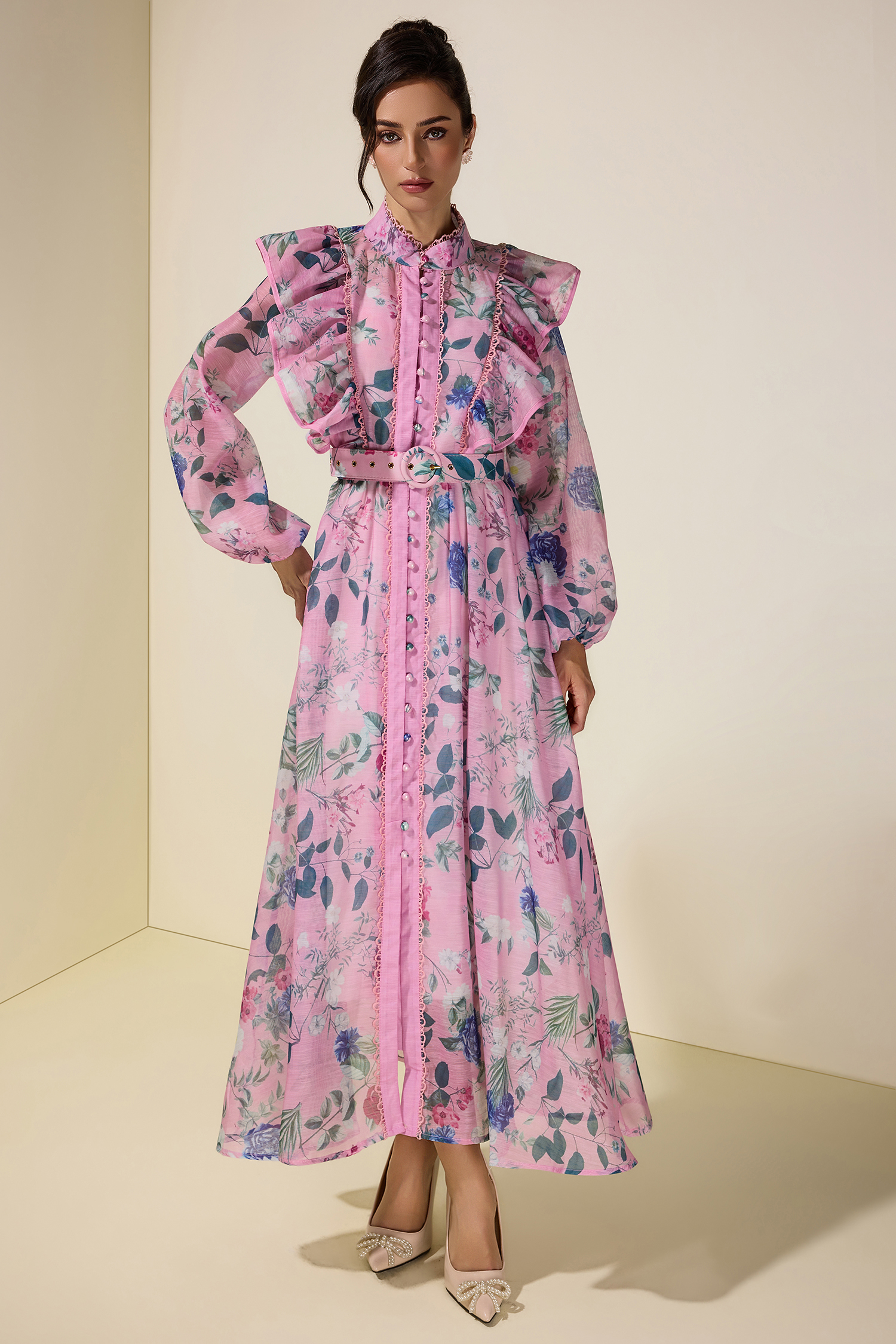 Floral Frill Midi Dress With Belt