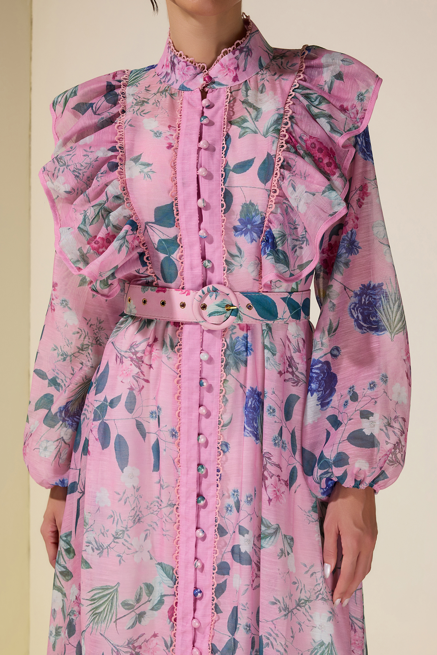 Floral Frill Midi Dress With Belt