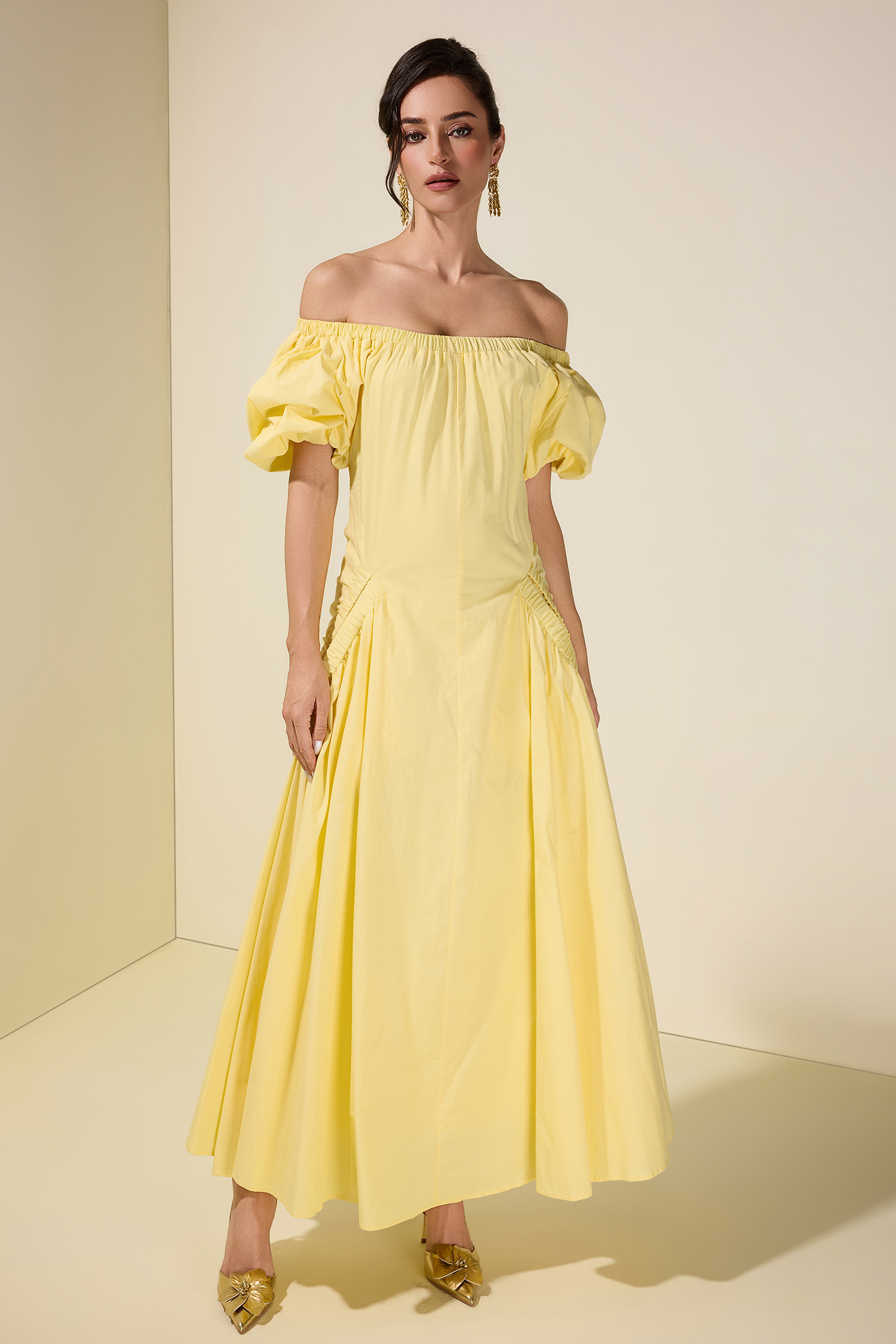 Gathering Pocket Off Shoulder Midi Dress