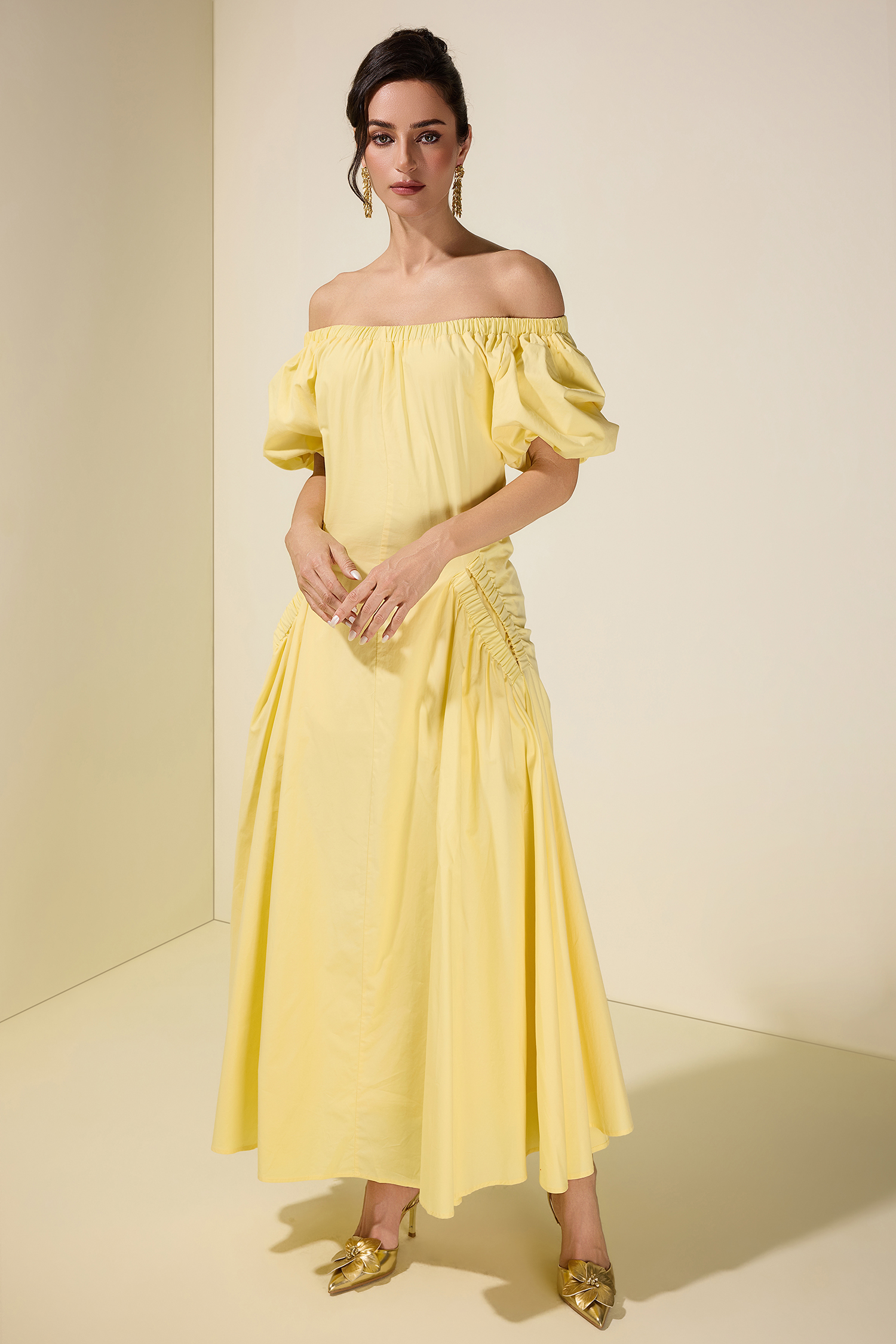 Gathering Pocket Off Shoulder Midi Dress