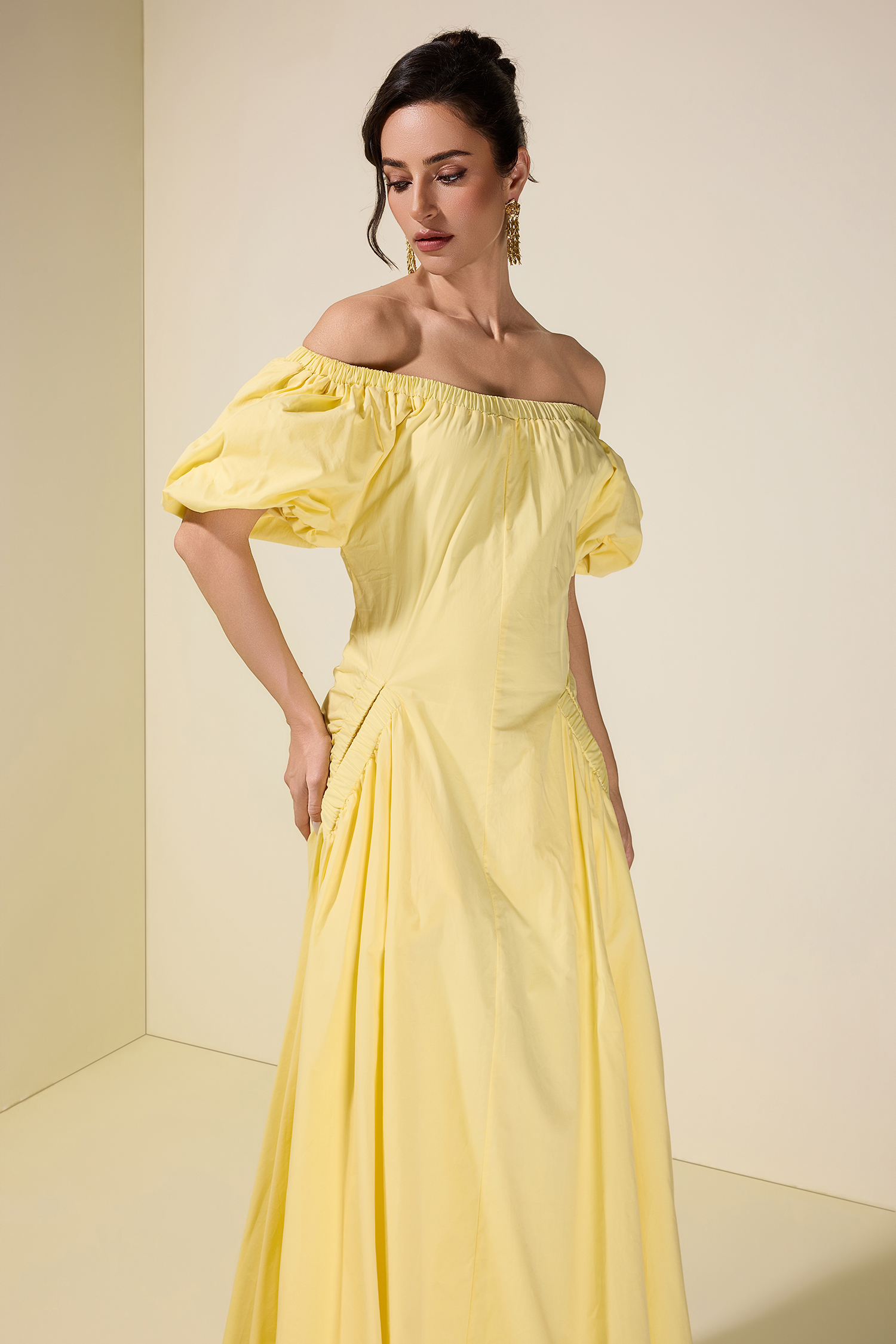 Gathering Pocket Off Shoulder Midi Dress