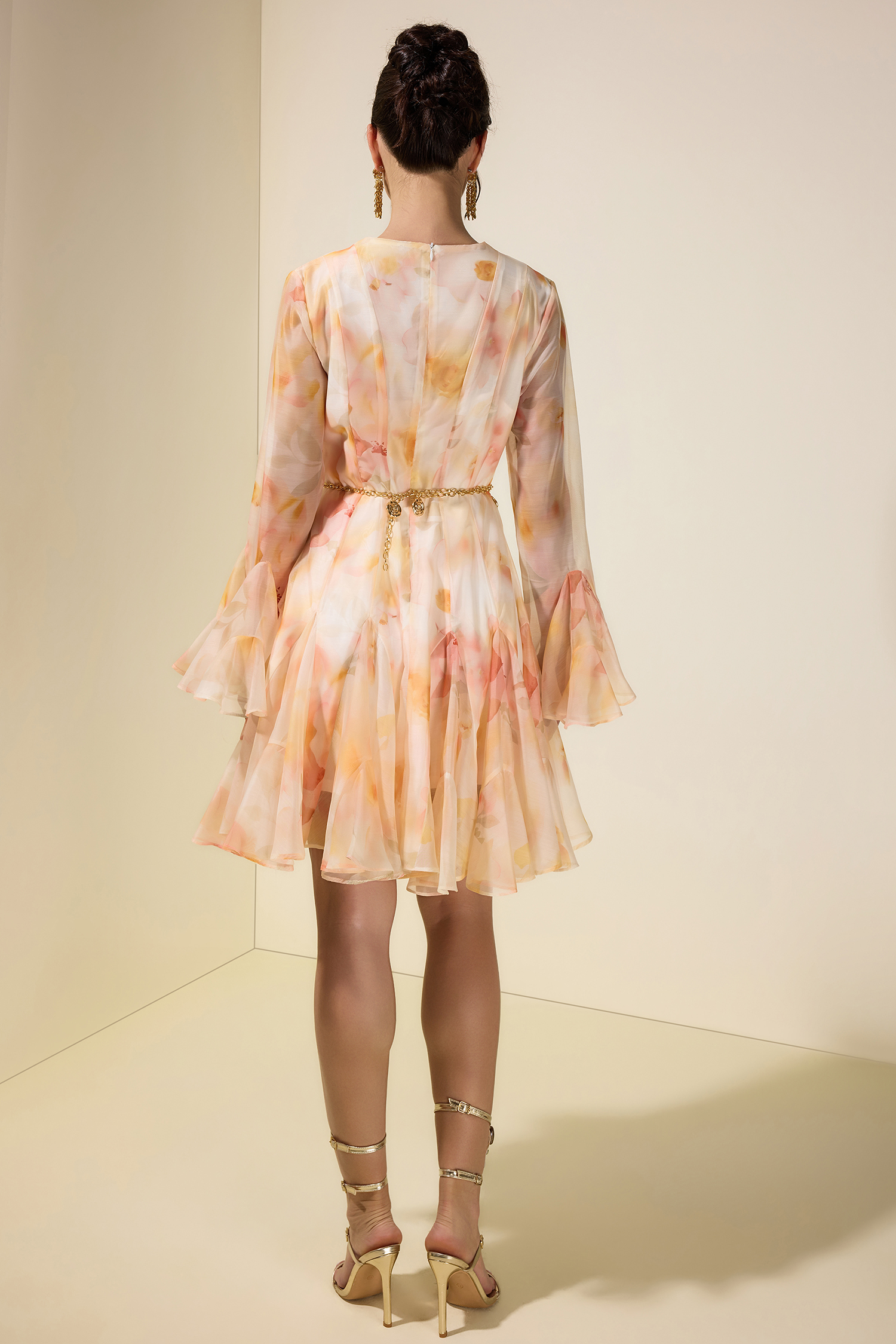 Floral Ruffle Mini Dress With Metal Chain Belt