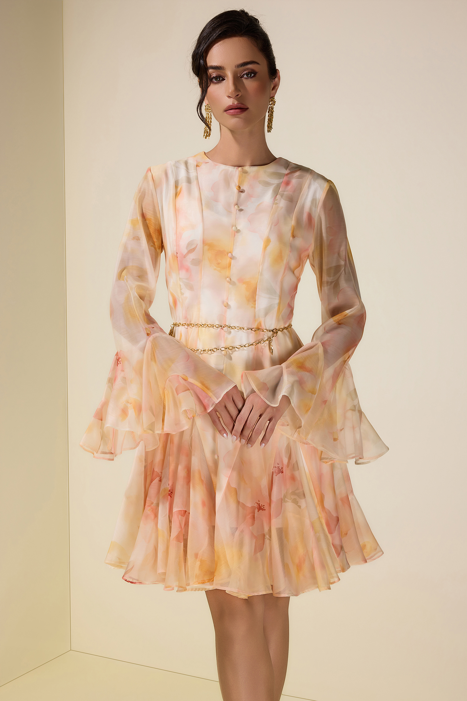 Floral Ruffle Mini Dress With Metal Chain Belt