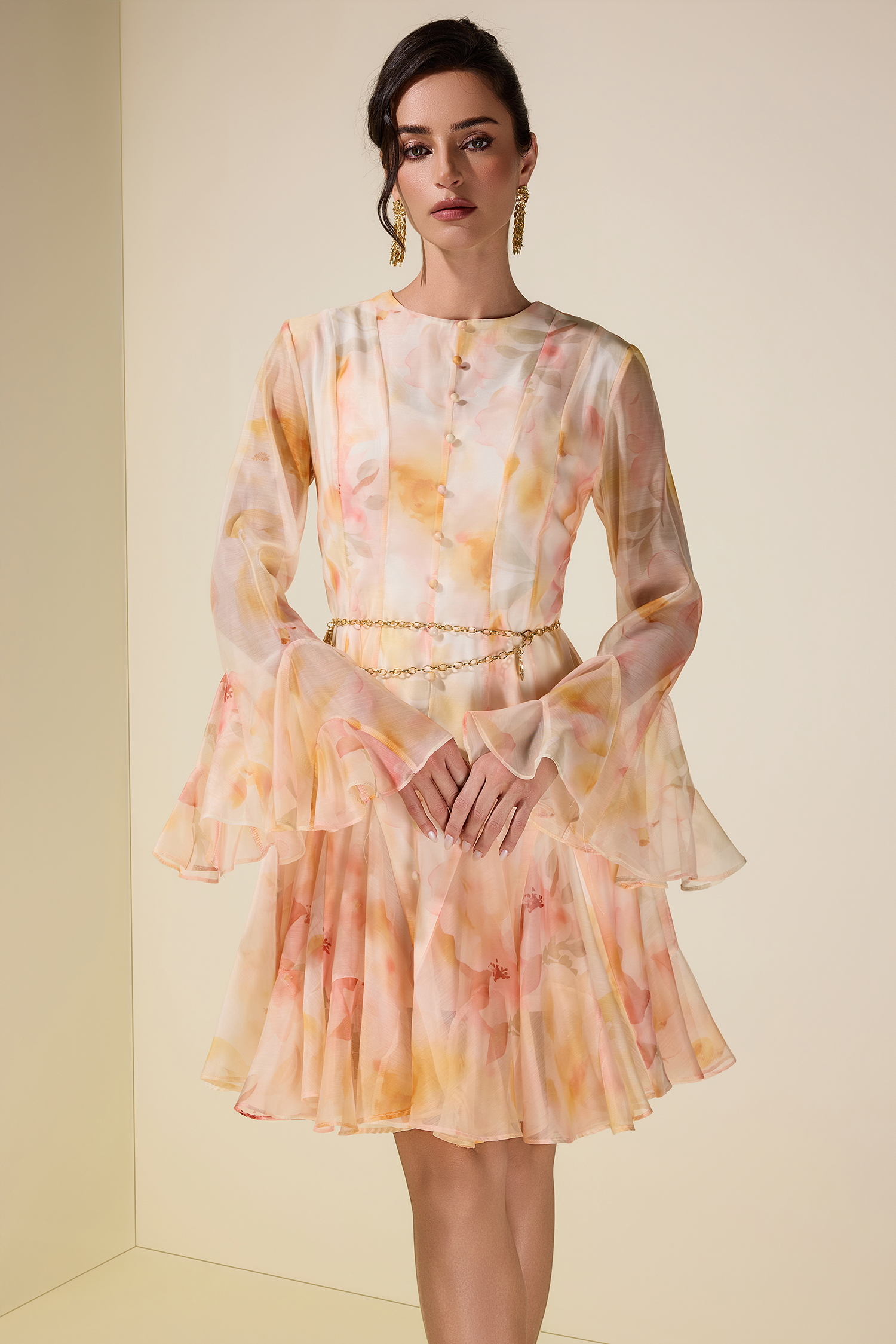 Floral Ruffle Mini Dress With Metal Chain Belt