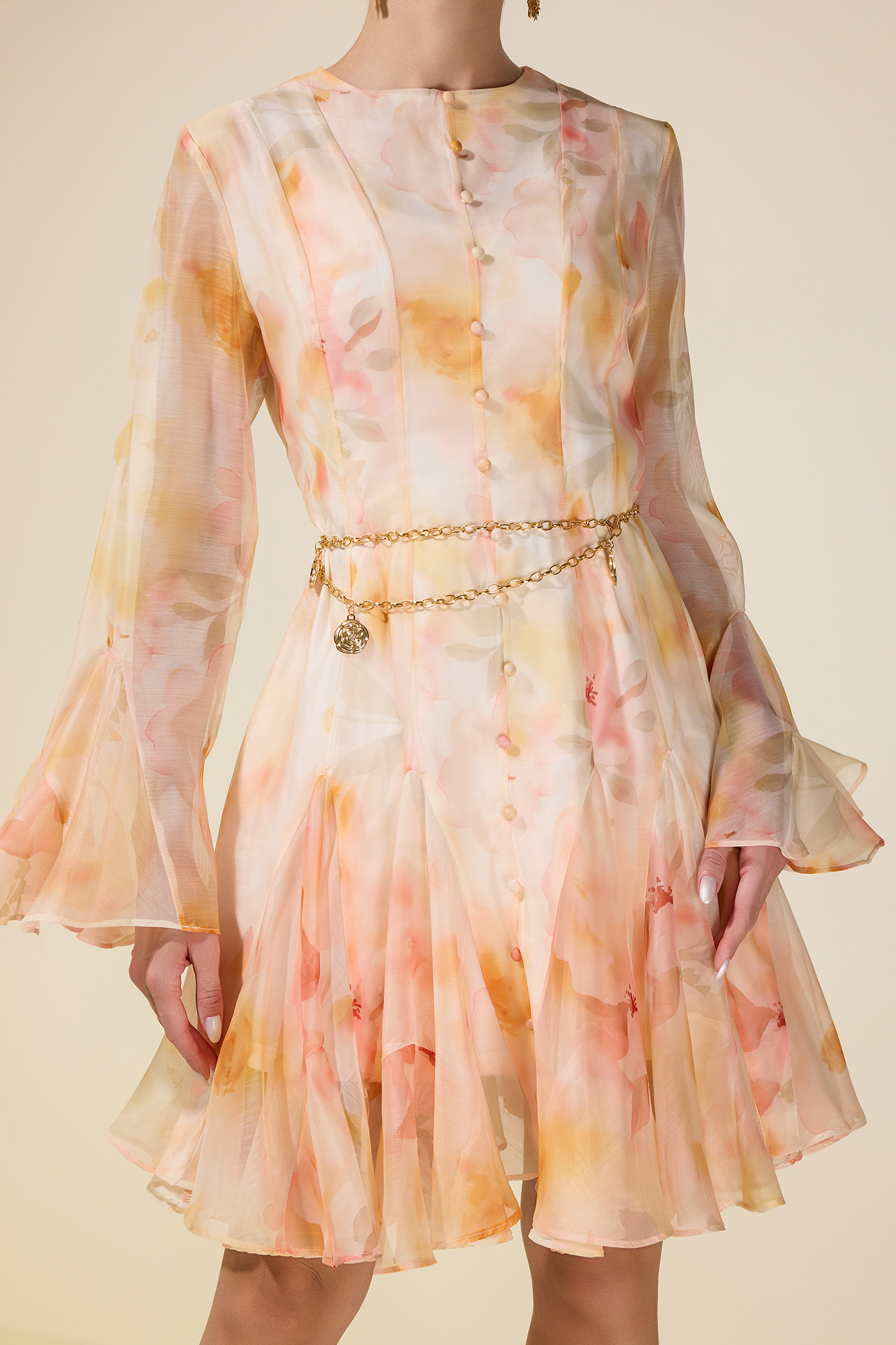 Floral Ruffle Mini Dress With Metal Chain Belt