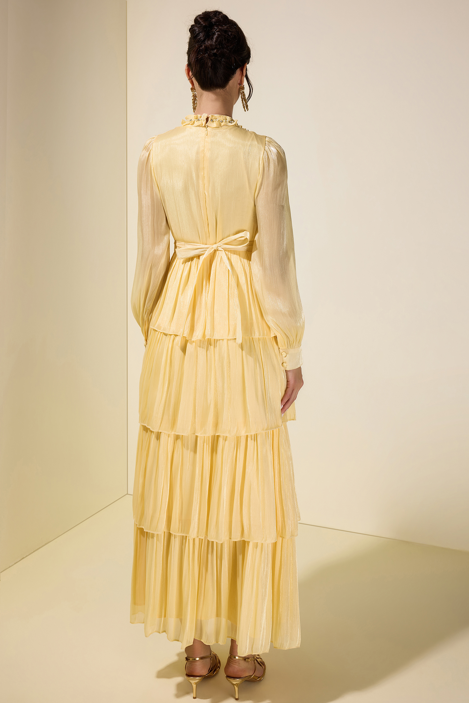 Rhinestone Rivets Ruffle Cut-Out Midi Dress