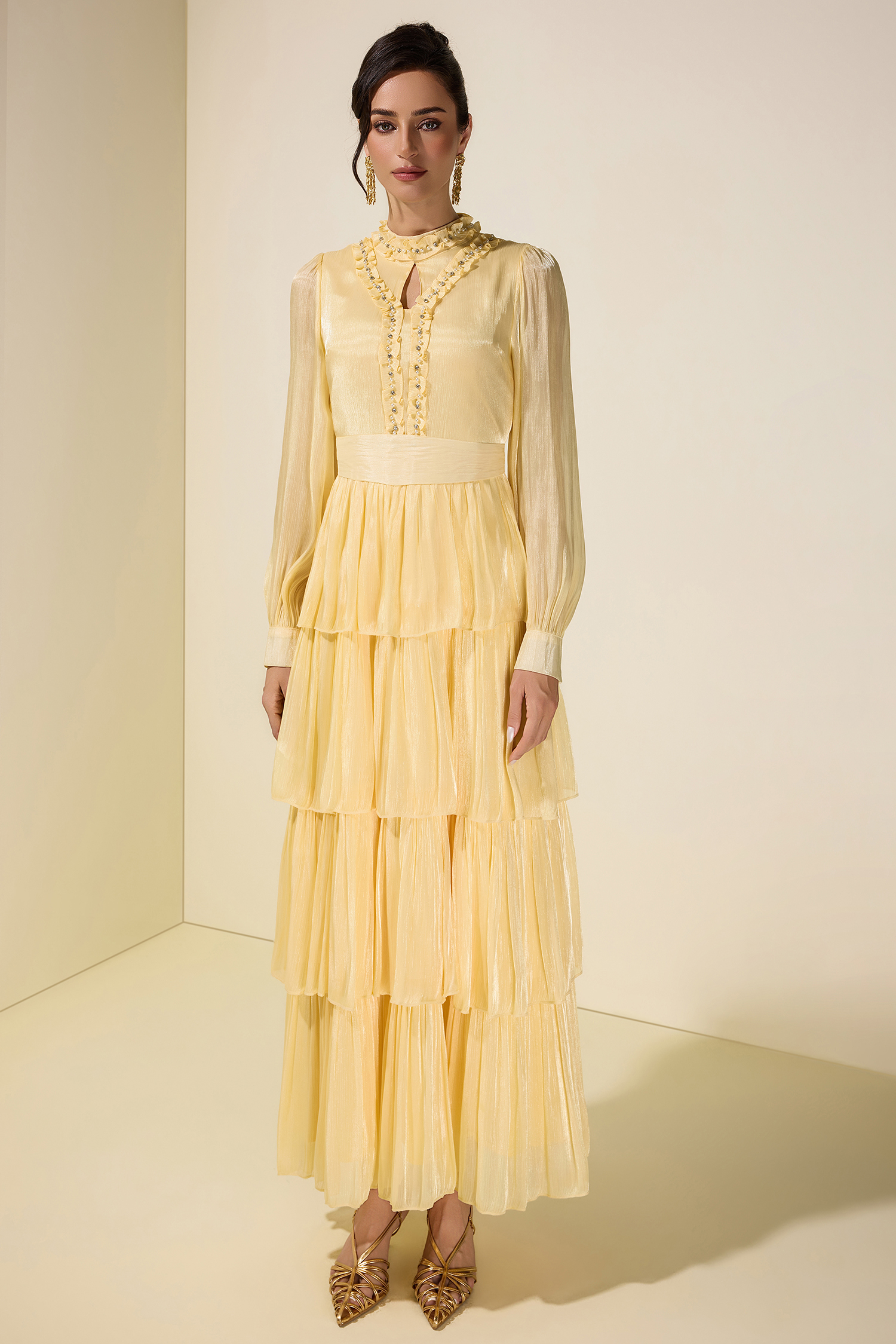 Rhinestone Rivets Ruffle Cut-Out Midi Dress