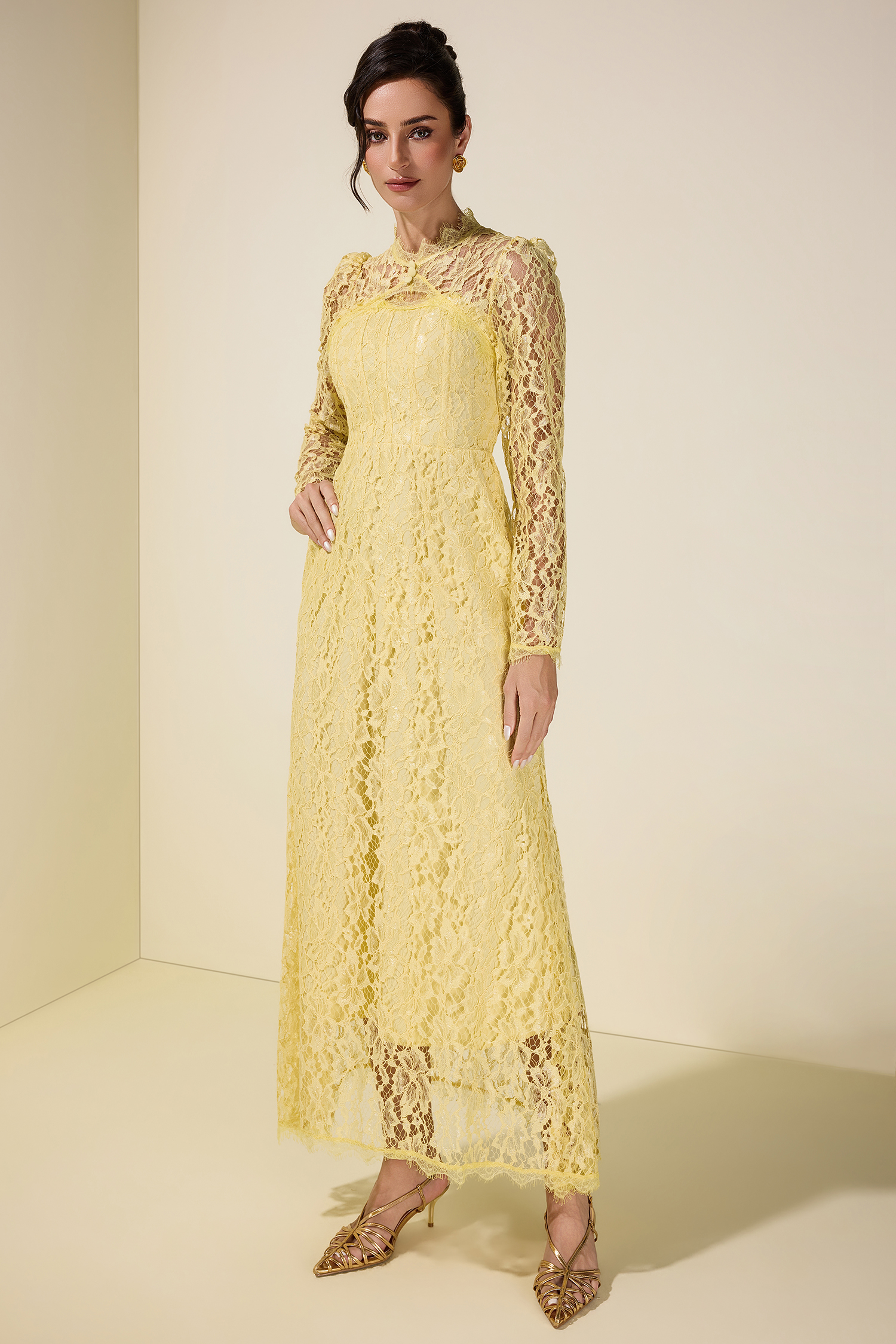 Lace Tie-Up Long Sleeve Midi Dress – JardinVue