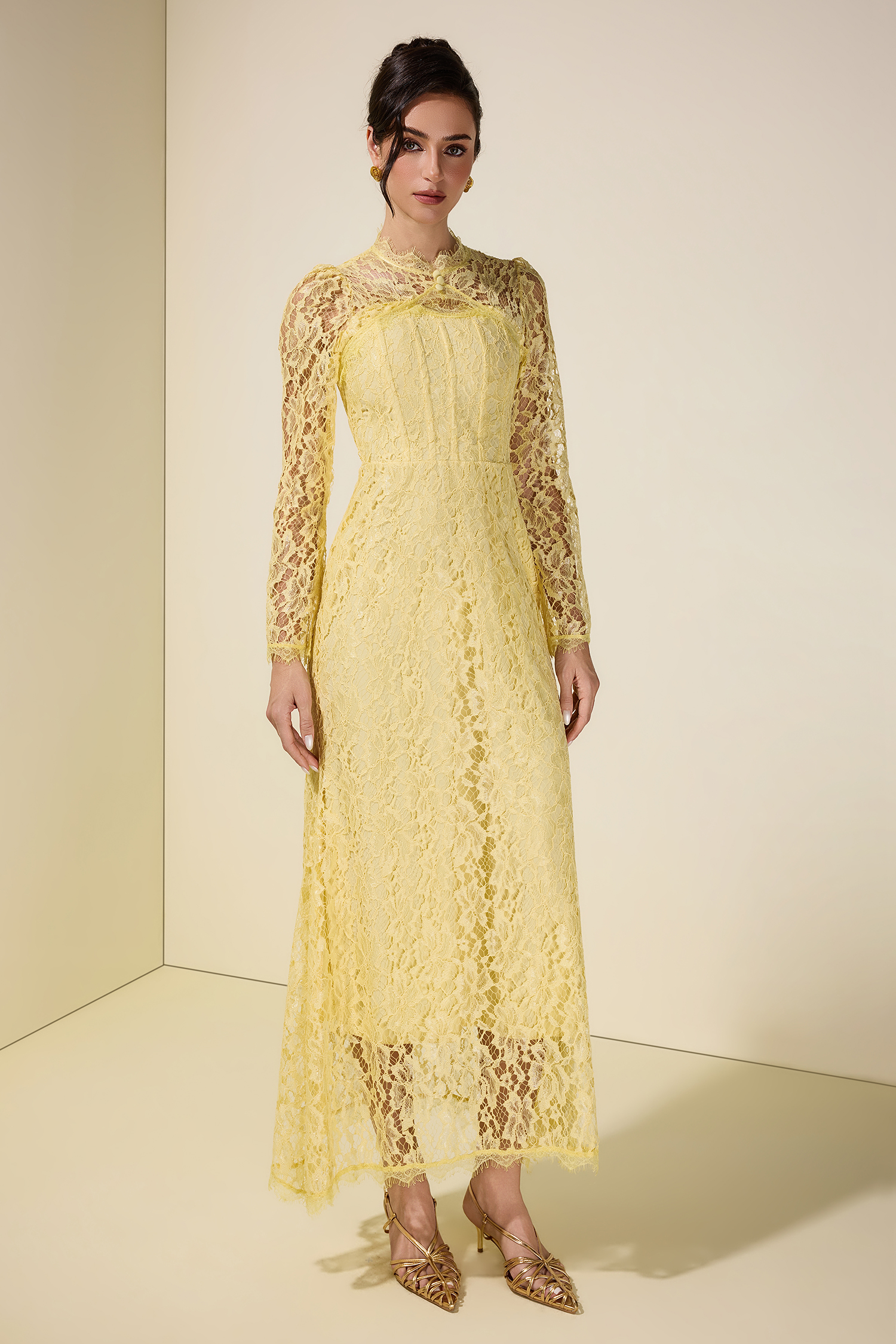 Lace Tie-Up Long Sleeve Maxi Dress