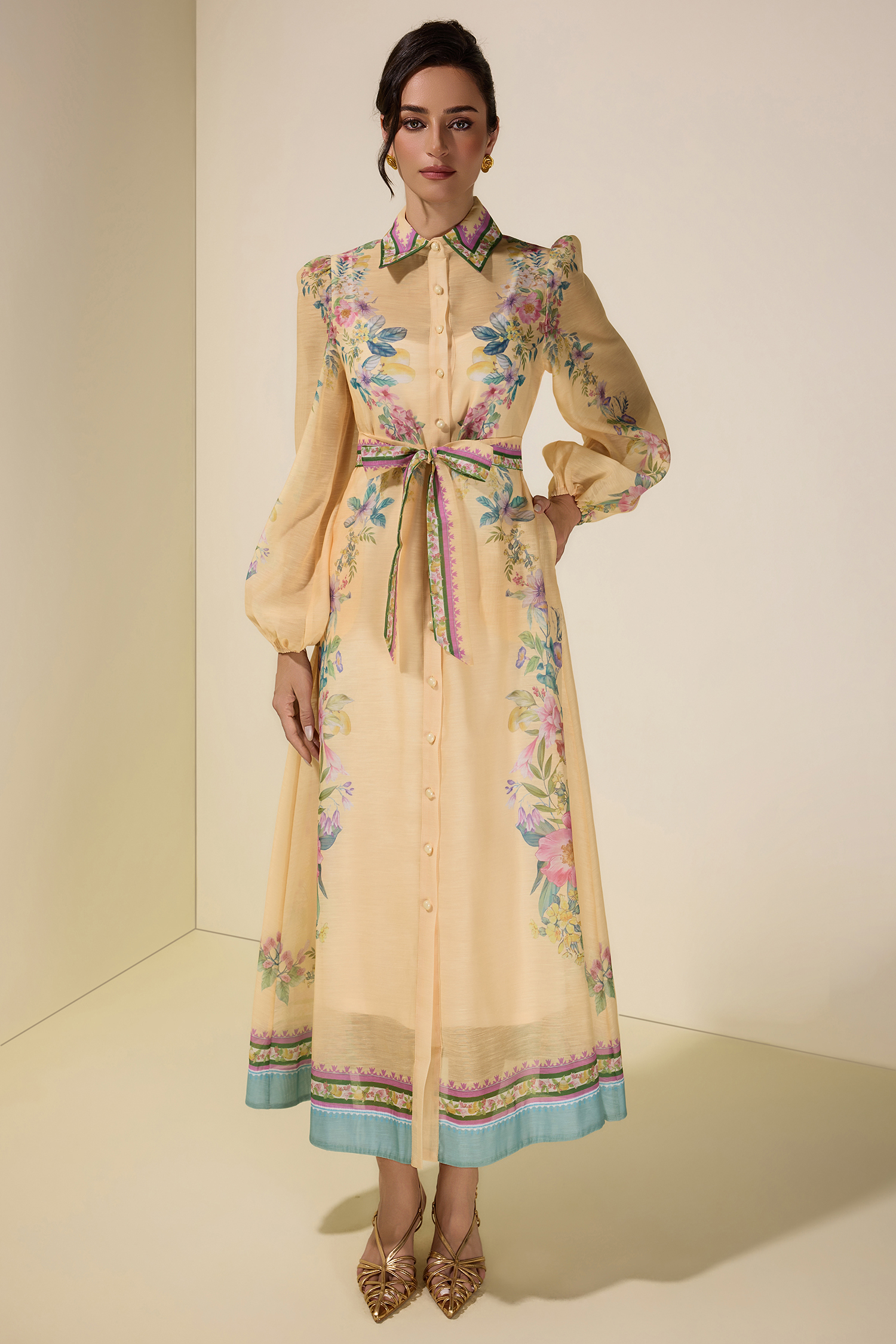 Floral Flapped Single Breasted Midi Dress With Belt