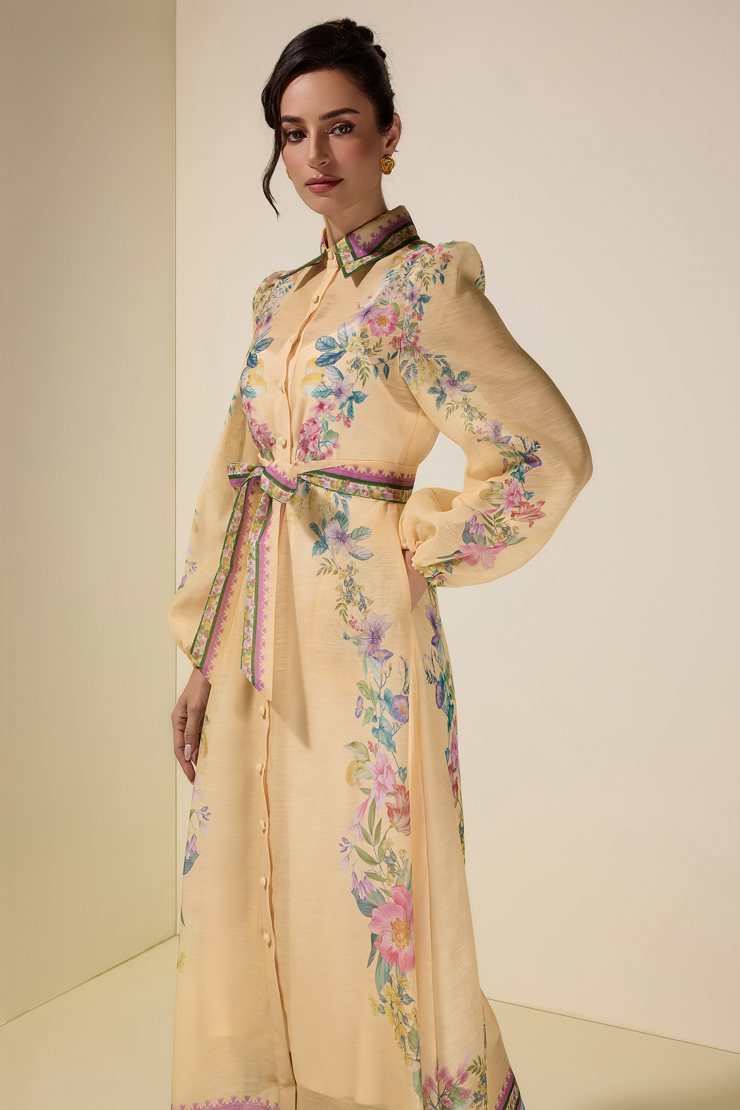 Floral Flapped Single Breasted Midi Dress With Belt