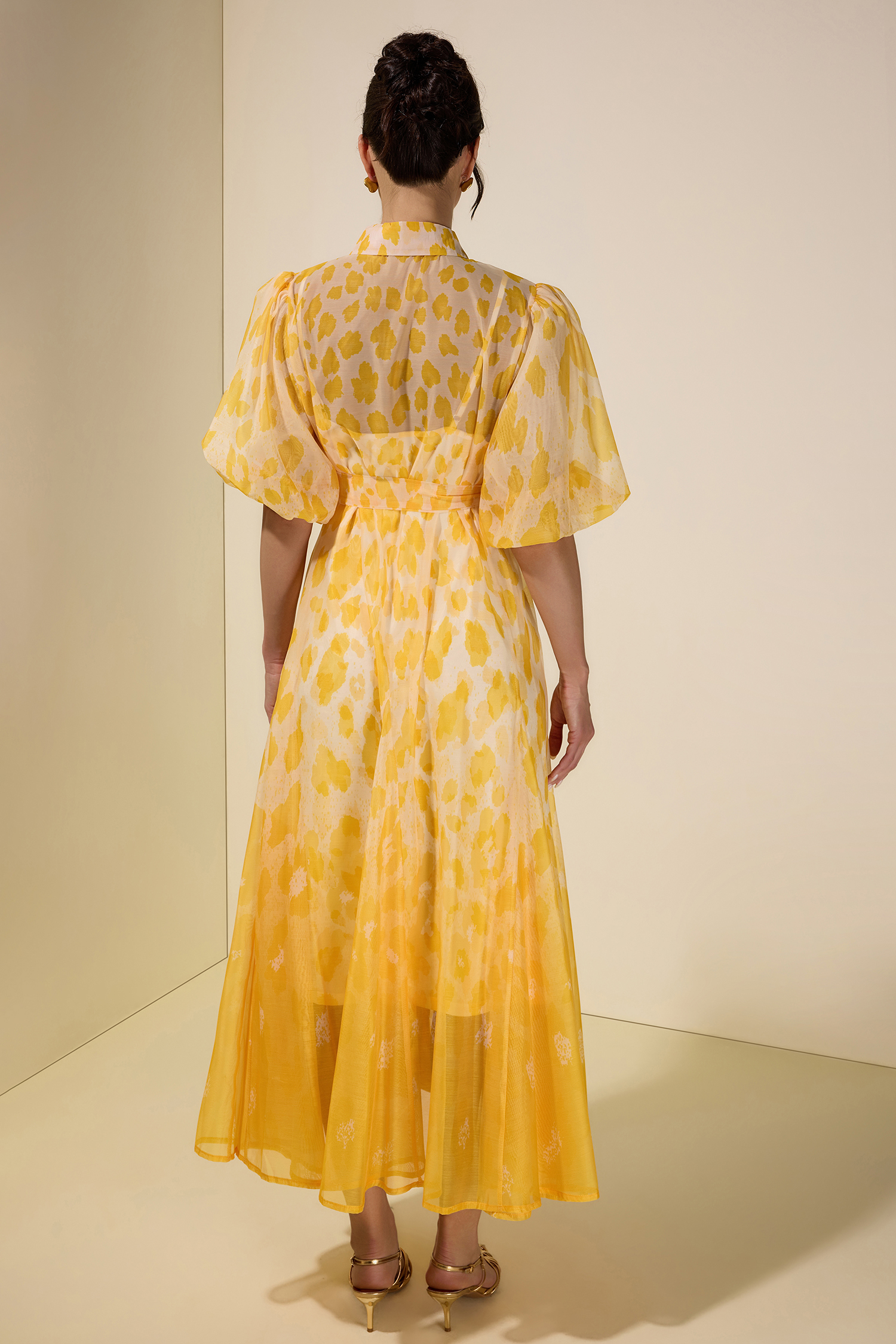 Floral Gradient Color Midi Dress With Belt