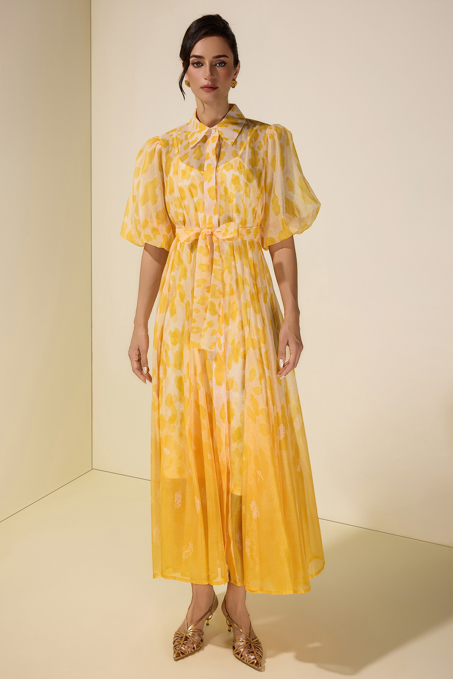 Floral Gradient Color Midi Dress With Belt