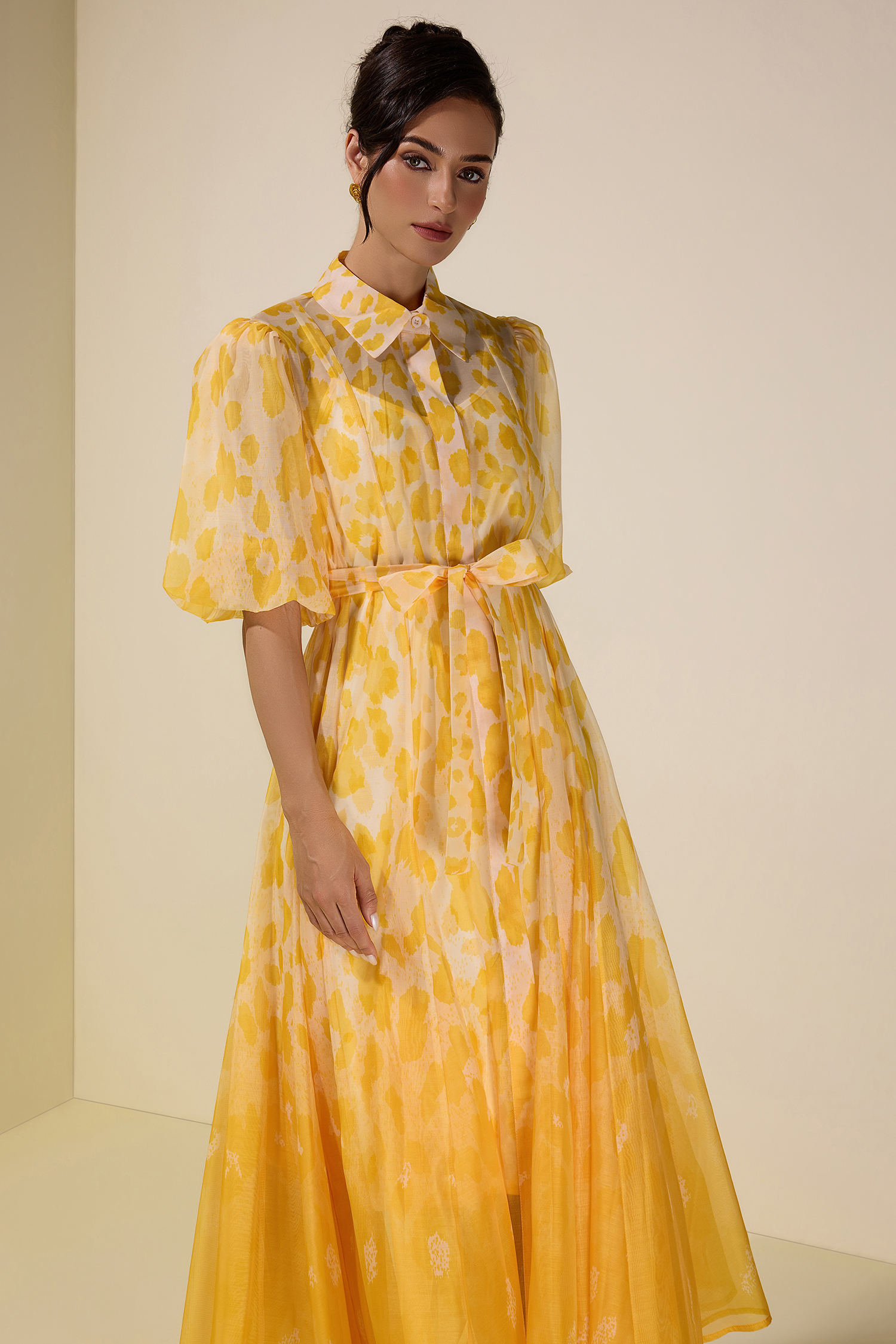 Floral Gradient Color Midi Dress With Belt