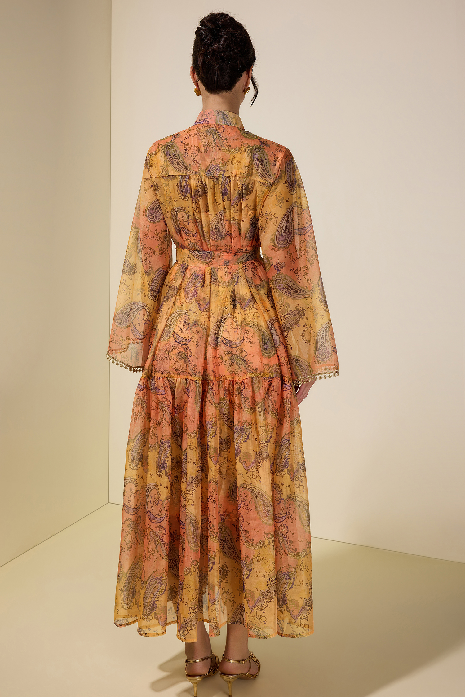 Paisley Print Stand Collar Lace Midi Dress With Belt