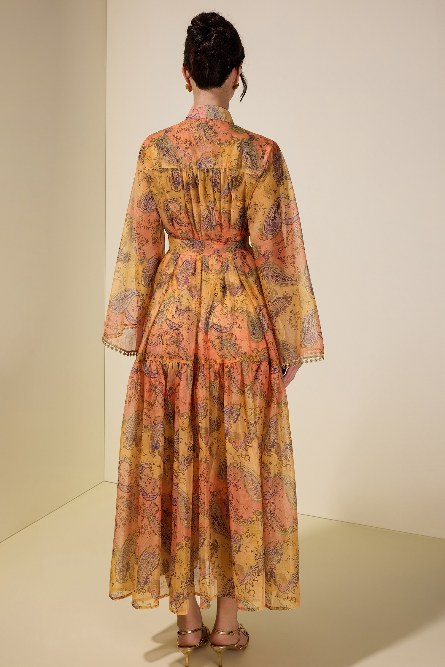 Paisley Print Stand Collar Lace Maxi Dress With Belt