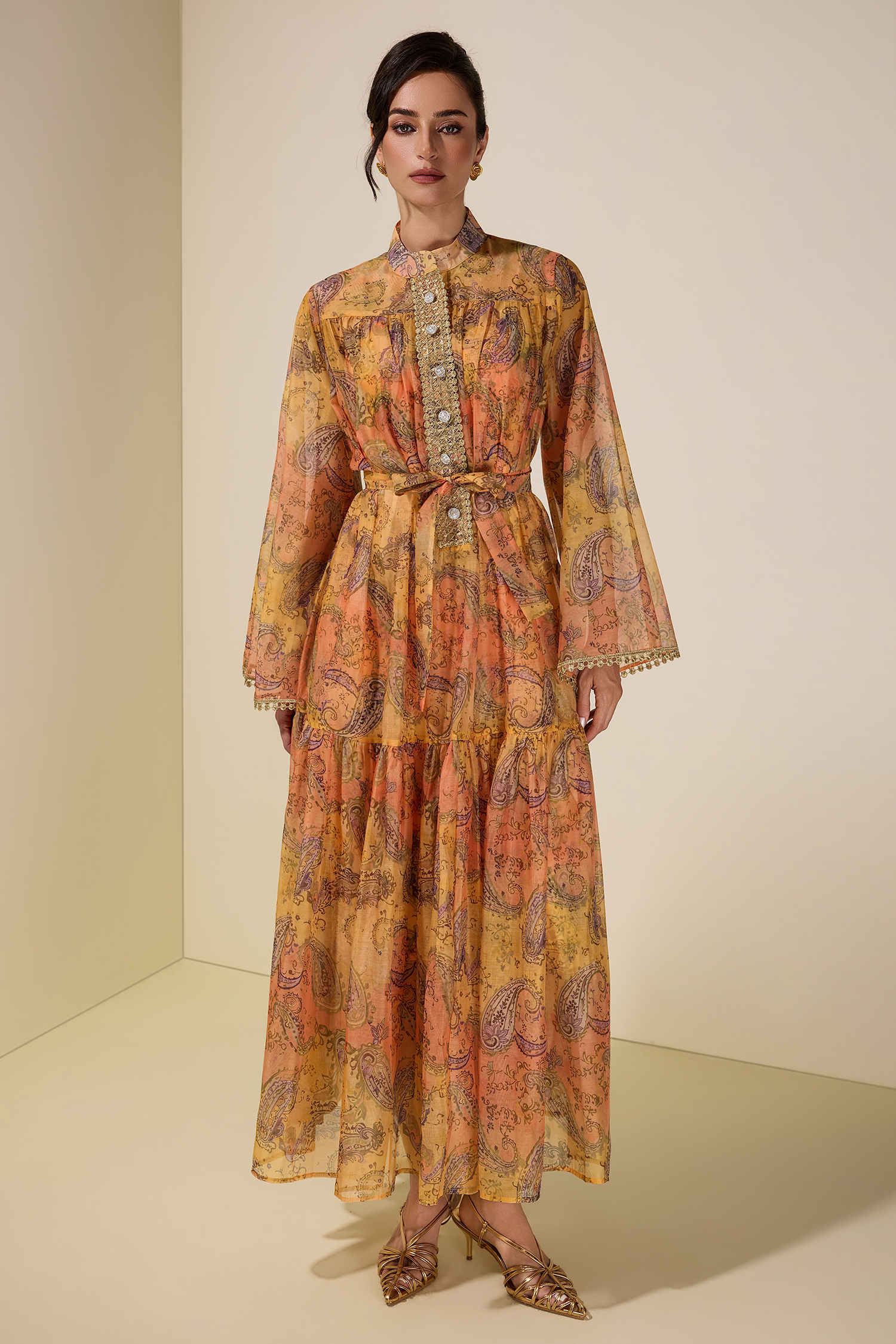 Paisley Print Stand Collar Lace Maxi Dress With Belt