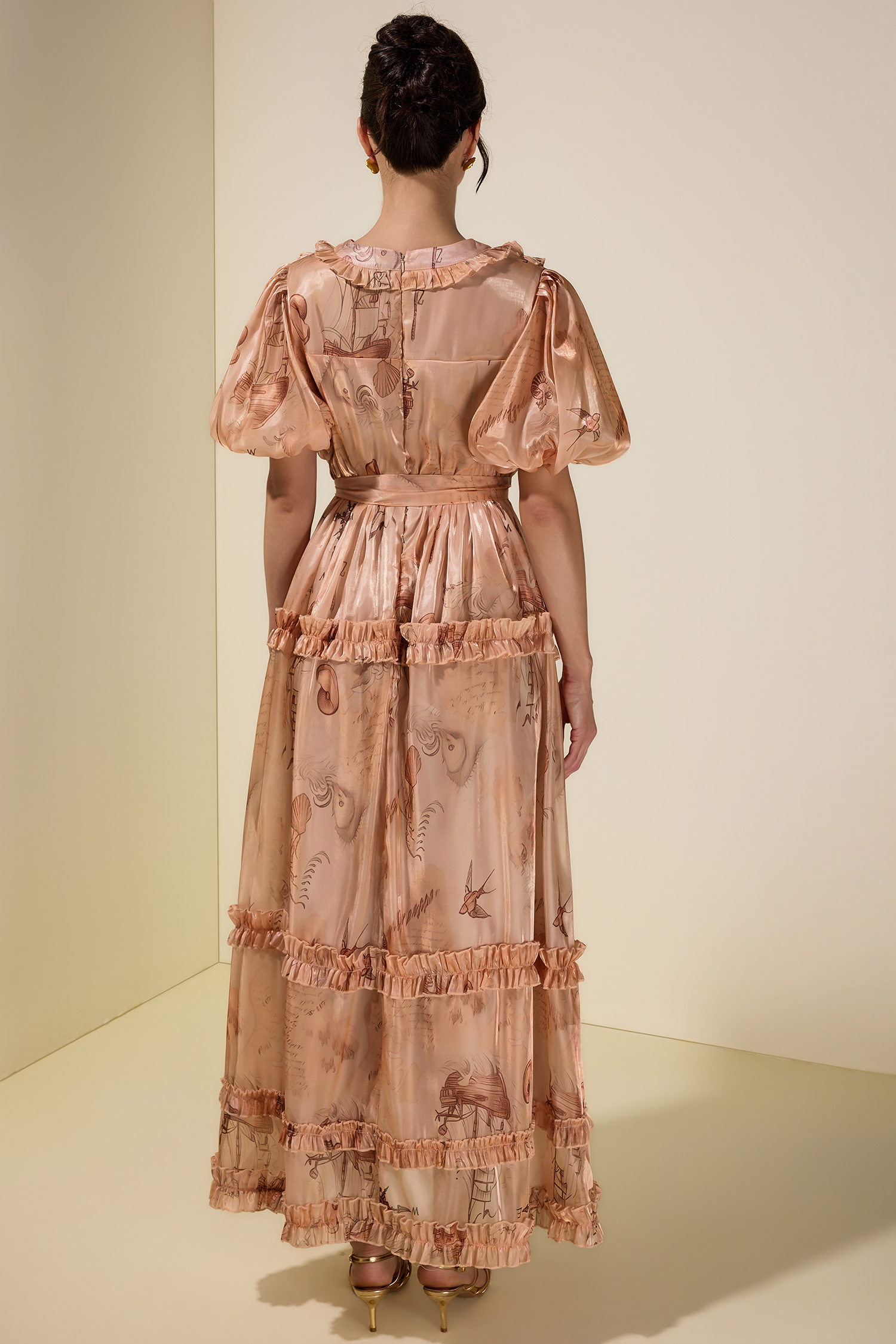 Satin Abstract Print Maxi Dress With Belt