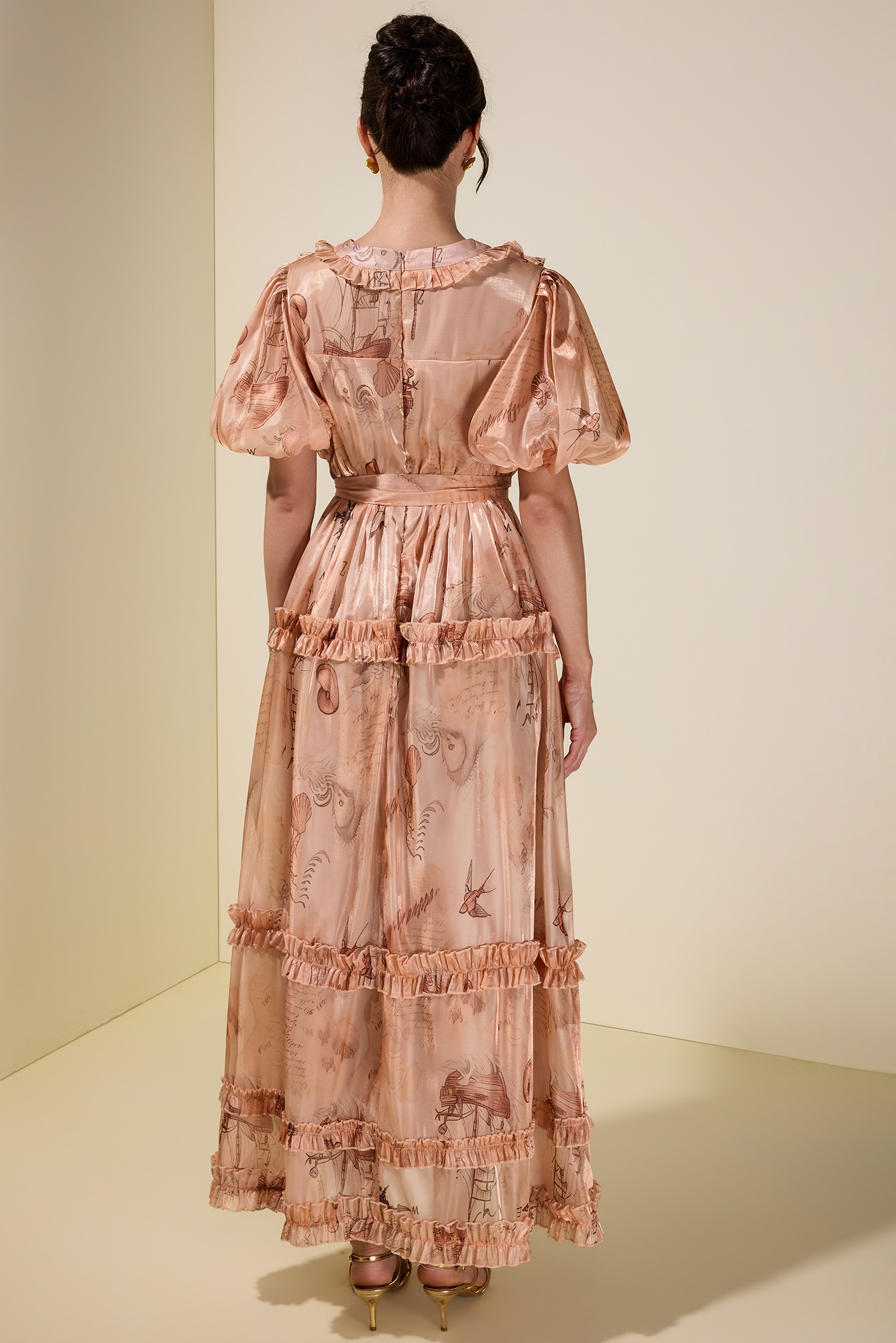 Satin Abstract Print Midi Dress With Belt