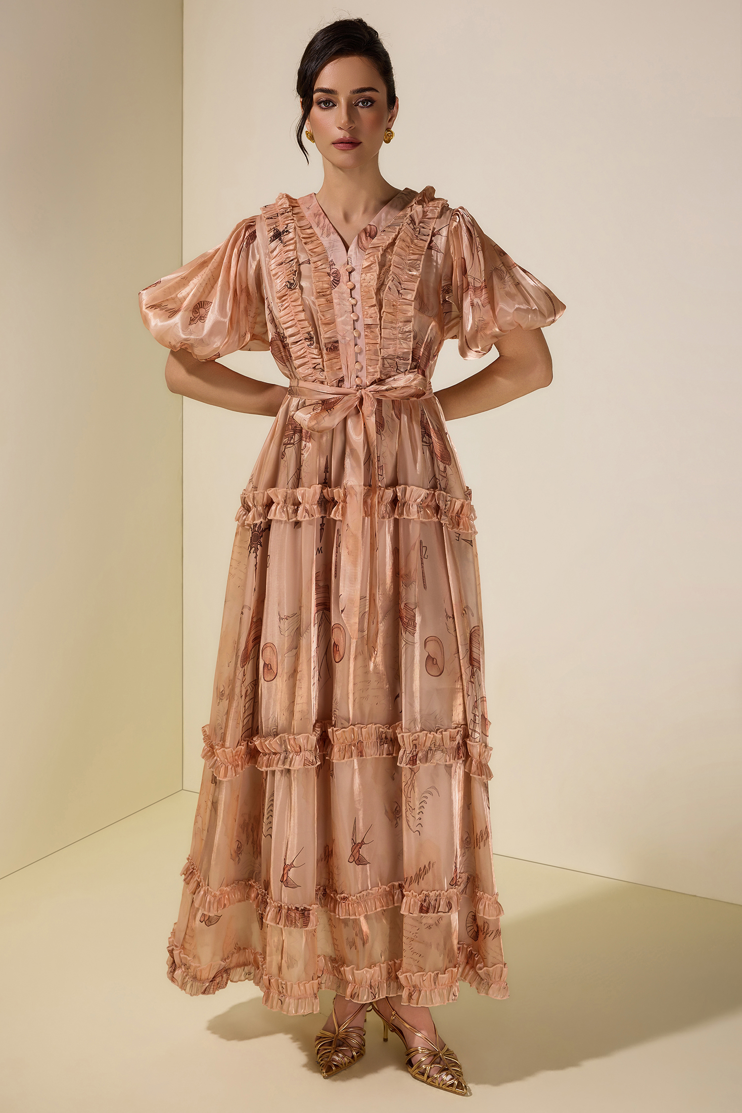 Satin Abstract Print Maxi Dress With Belt