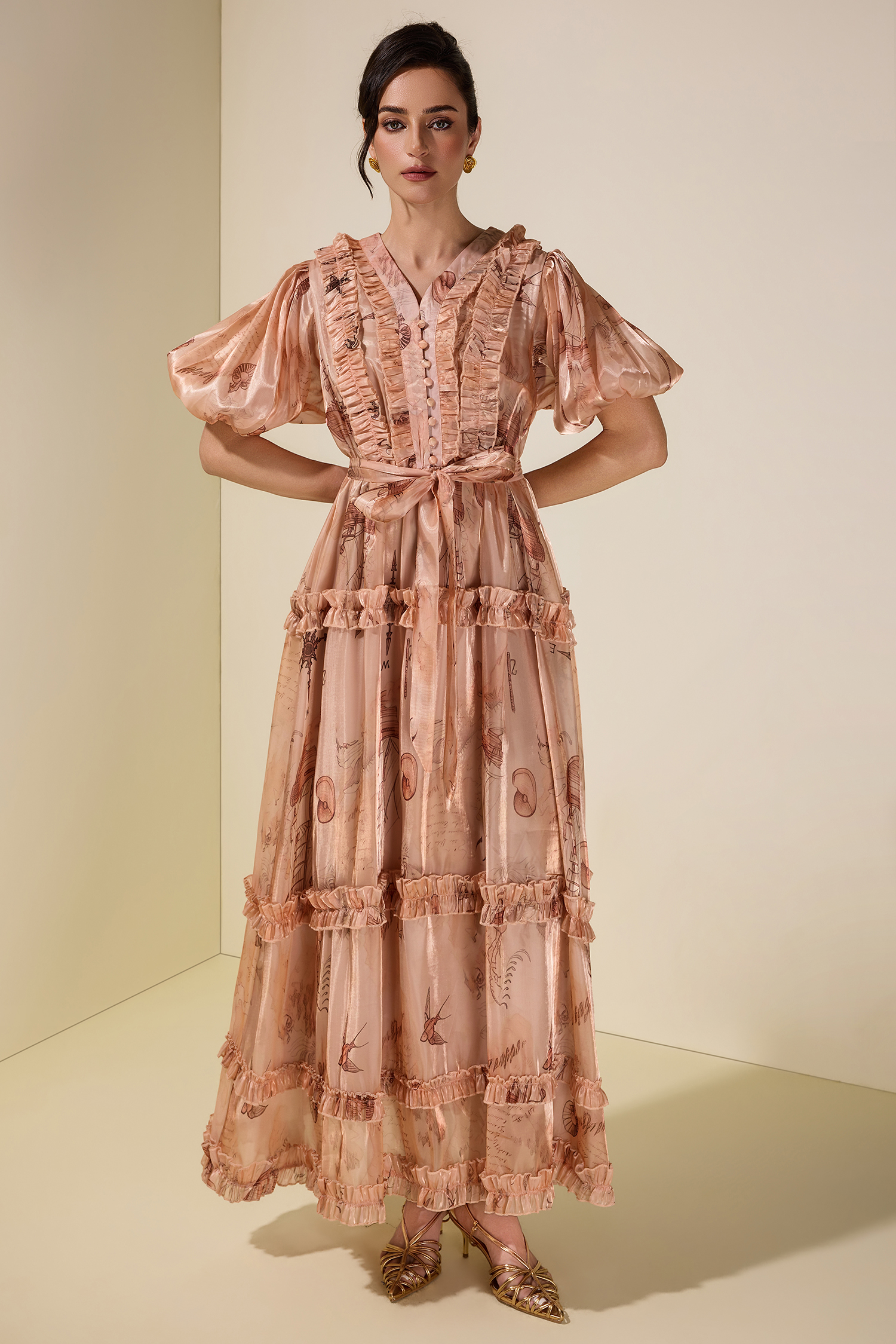 Satin Abstract Print Midi Dress With Belt