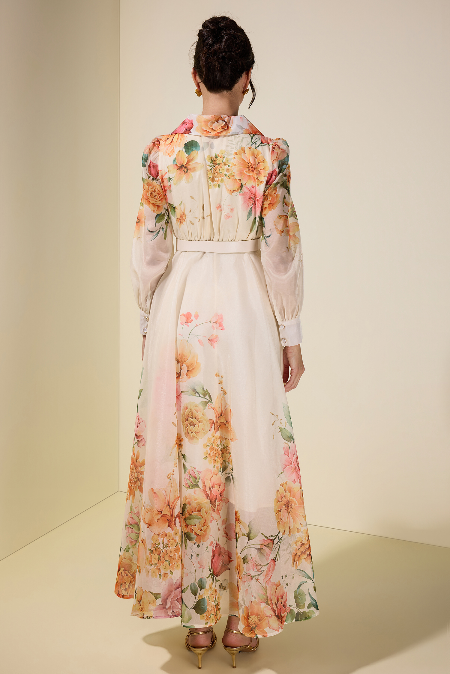 Floral Tailored Collar Midi Dress With Belt