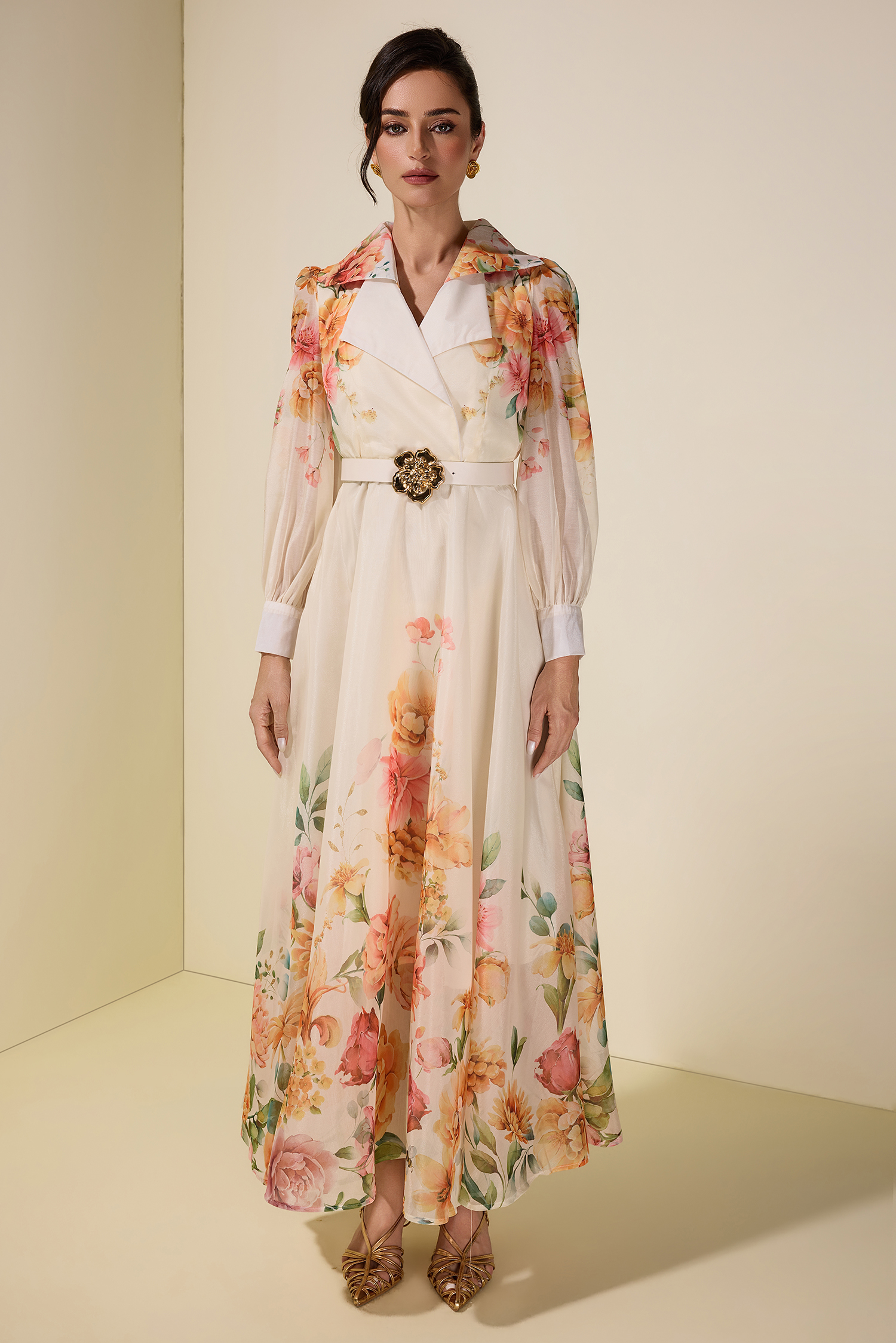 Floral Tailored Collar Midi Dress With Belt