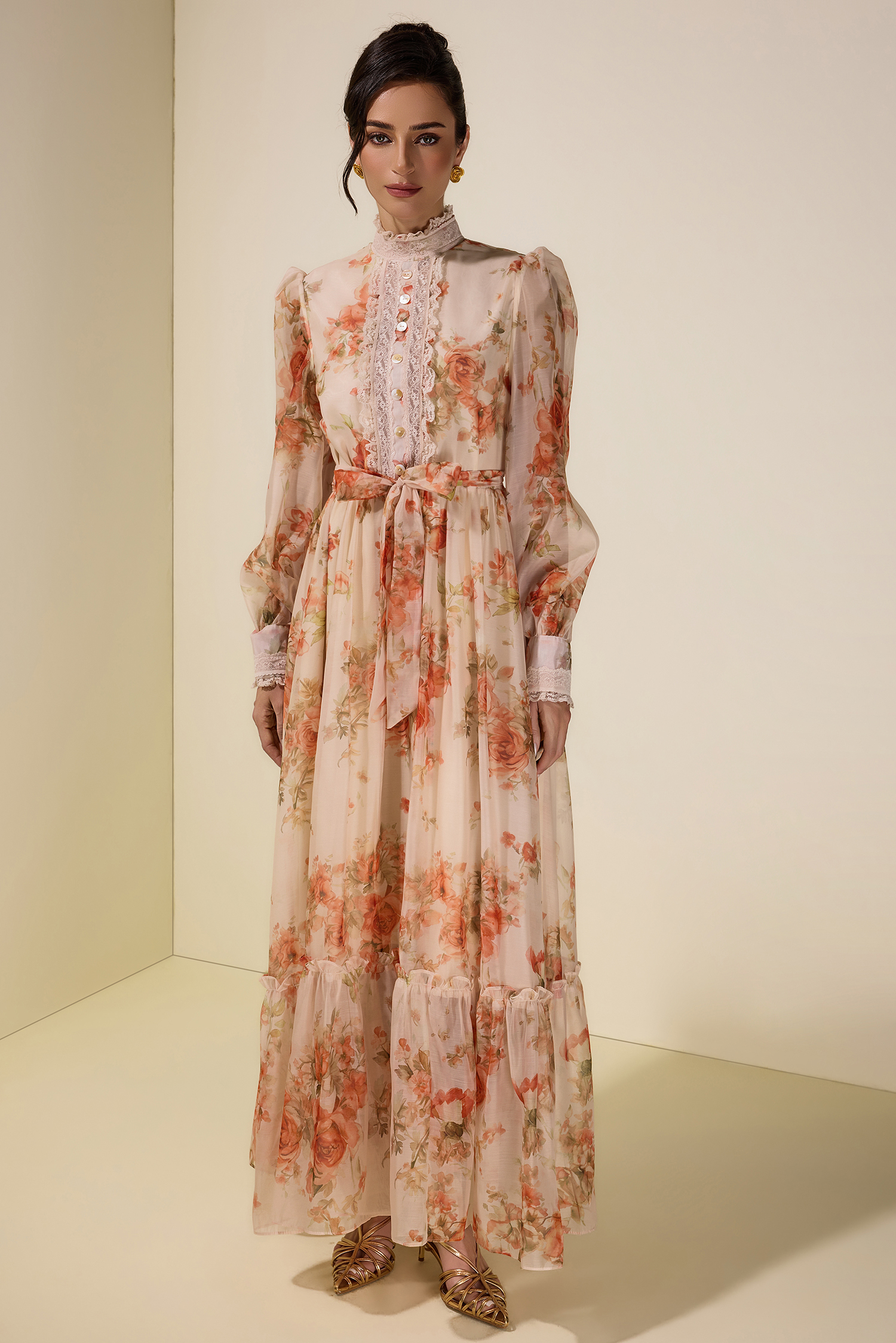 Floral Lace Frill Maxi Dress With Belt