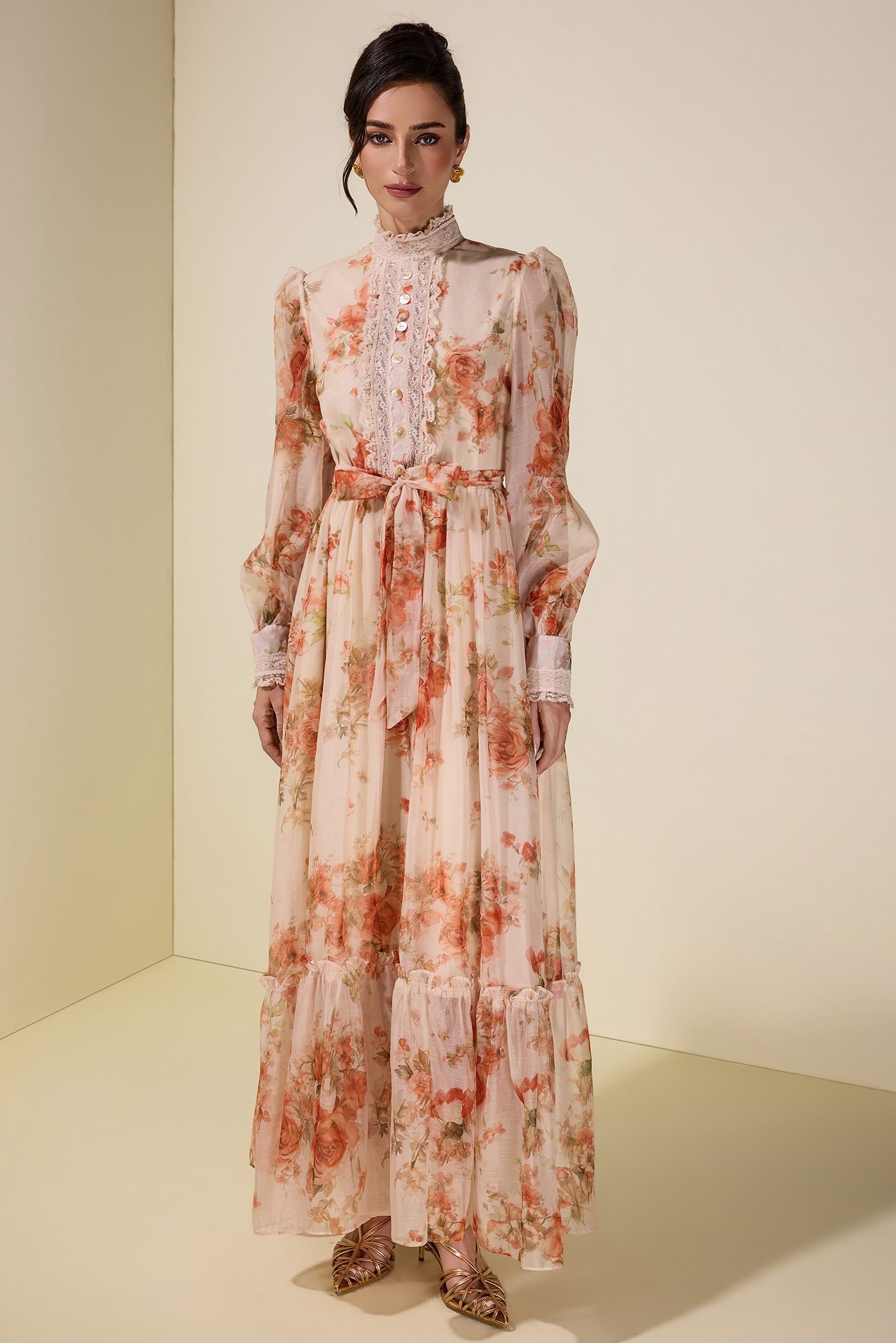 Floral Lace Frill Maxi Dress With Belt