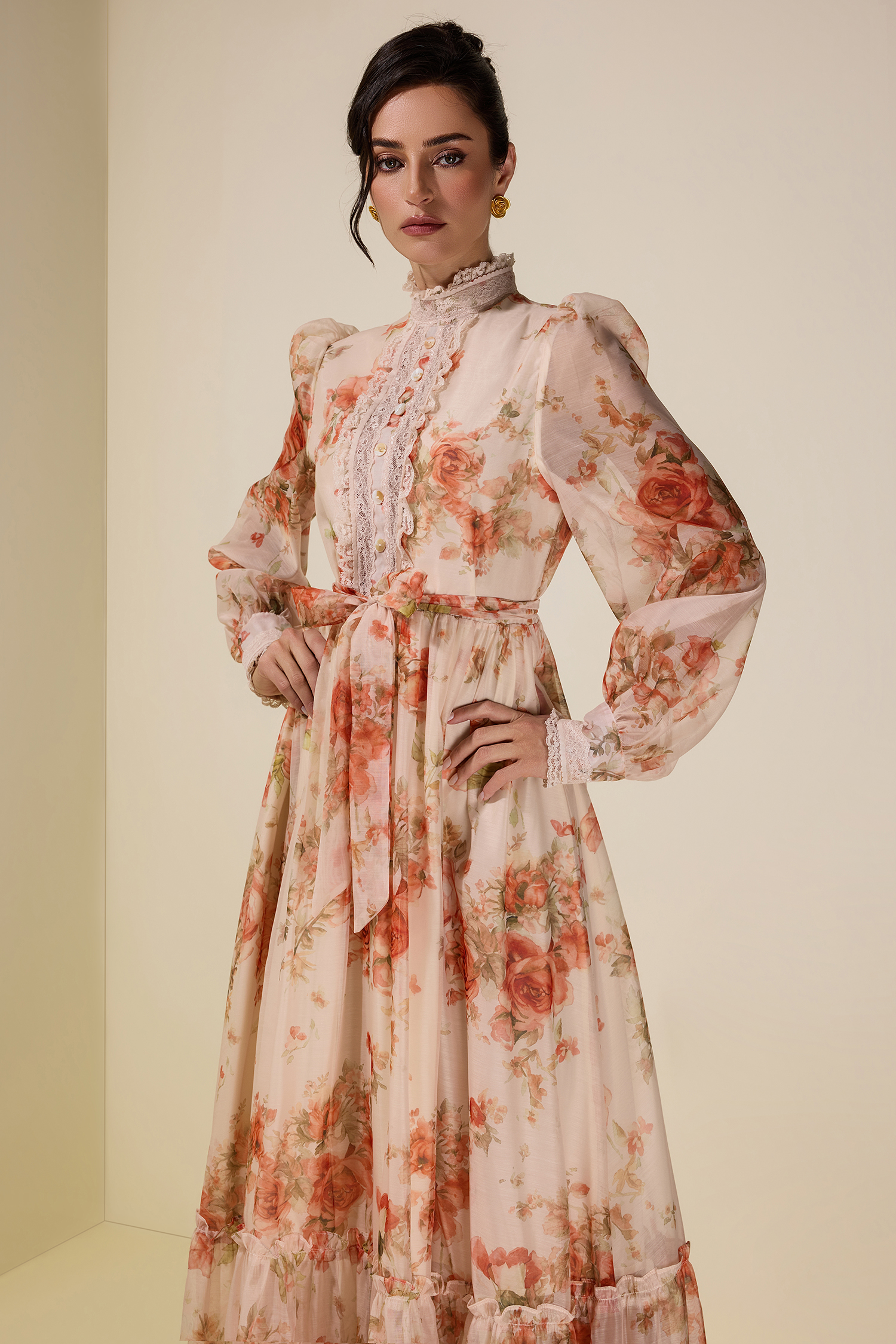 Floral Lace Frill Maxi Dress With Belt