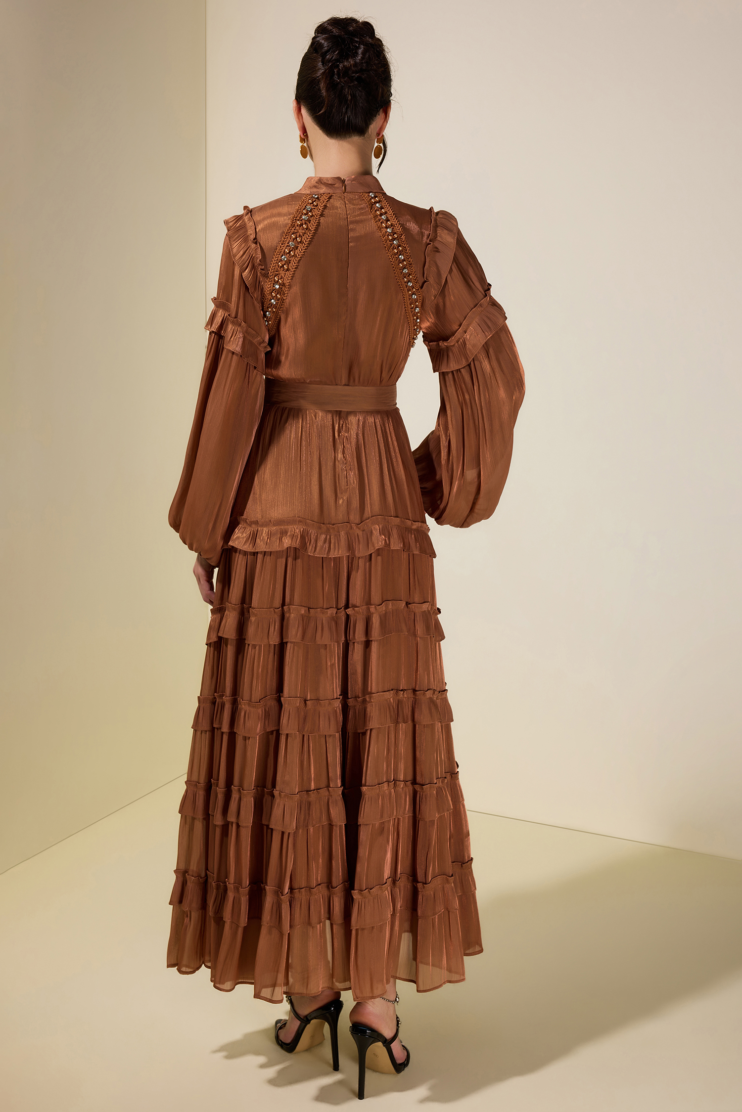 Rhinestone Rivets Frill Midi Dress