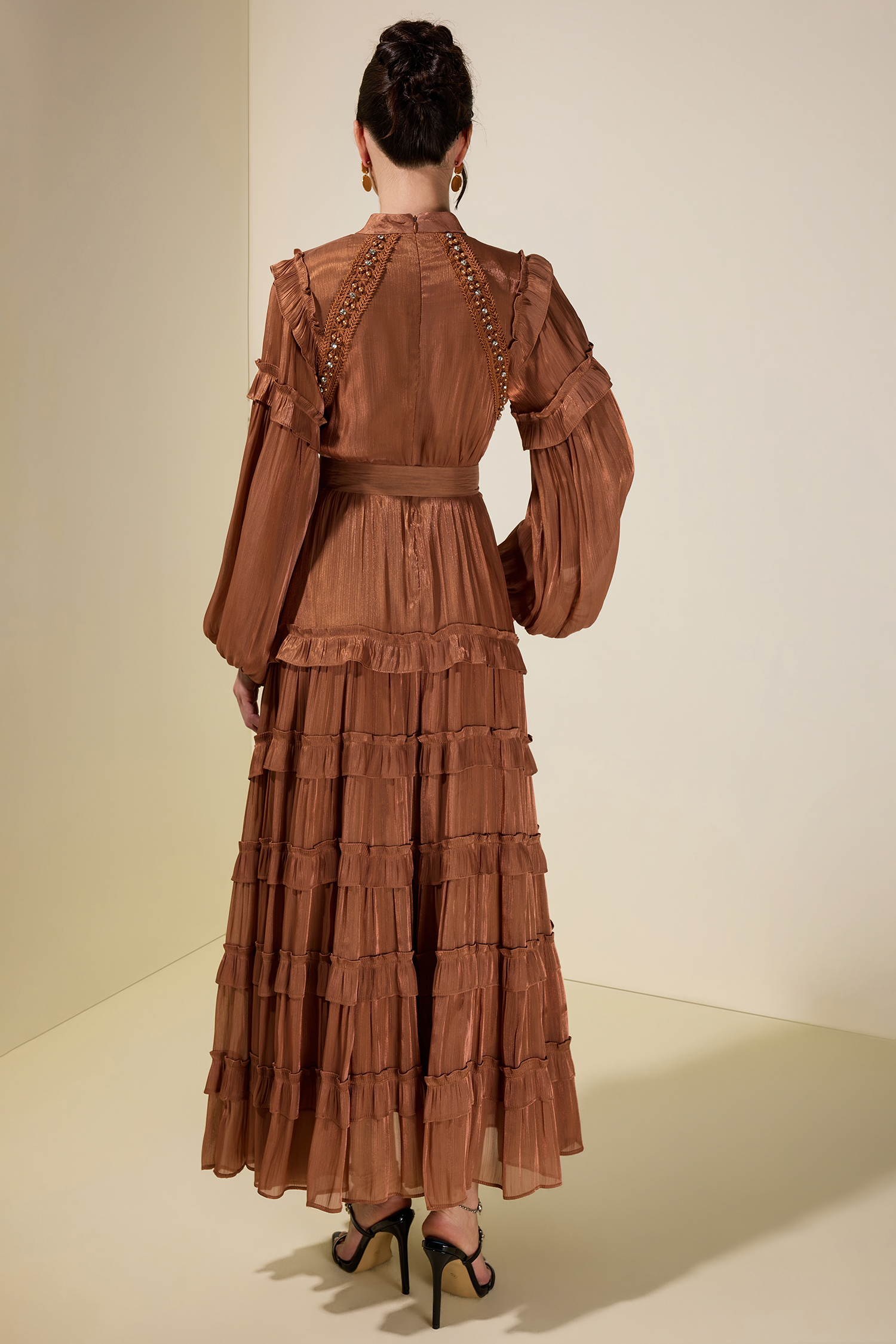 Rhinestone Rivets Frill Maxi Dress